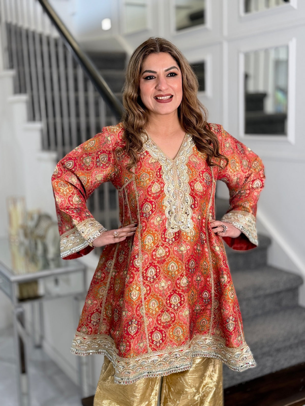 Salwar Kameez - Red Orange Paisley Print Oversized Kurta with Gold Crushed Salwar by Panache by Divya - product image 4