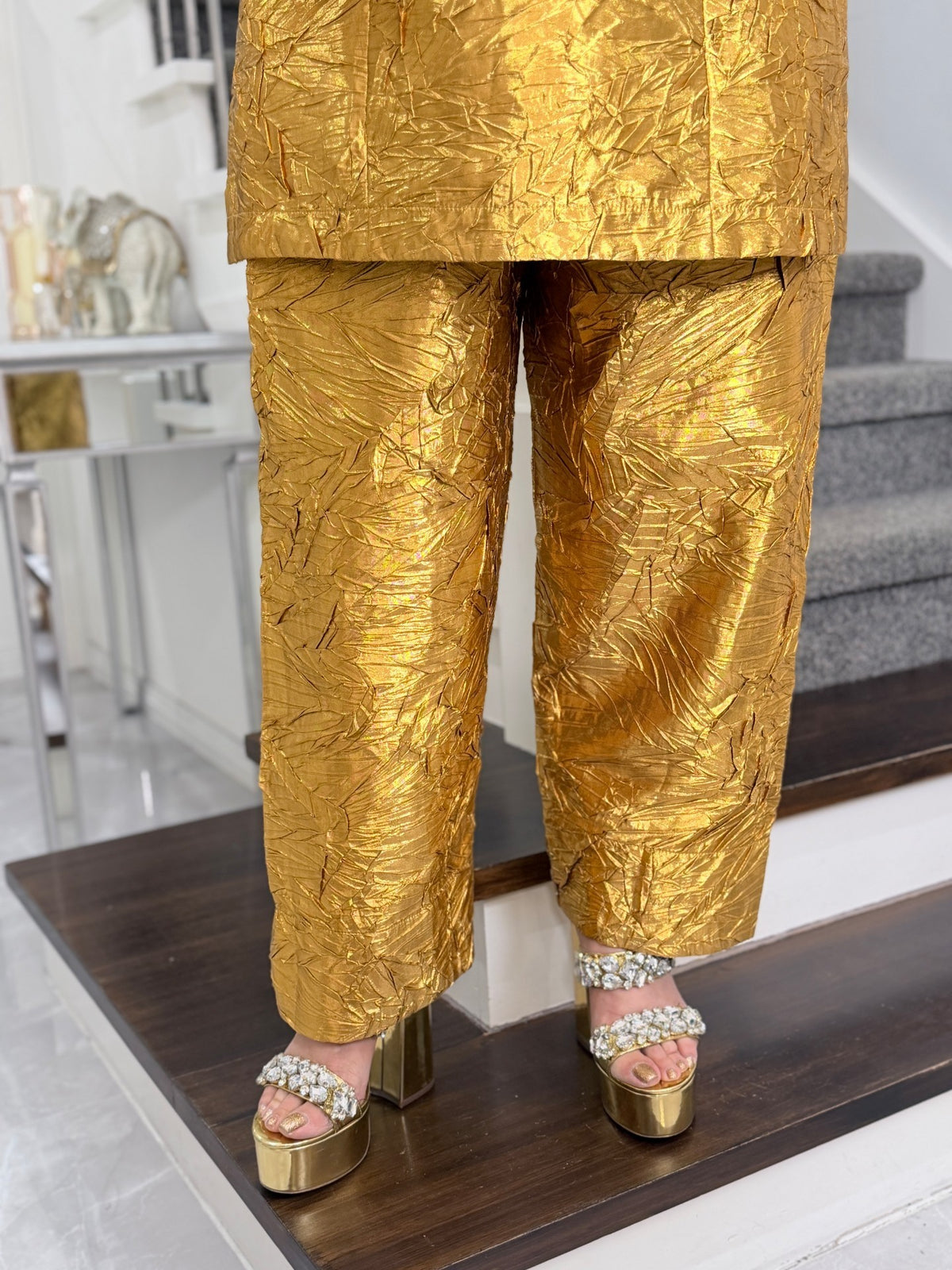 Gold Crushed Metallic Salwar Kameez with Olive Banarasi Dupatta by Panache by Divya - product image 6