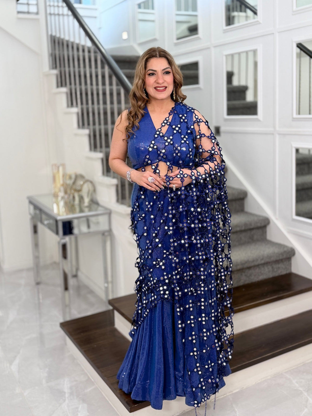 Indo-Western Wear - Royal Blue Sequin Fishtail Skirt Set with Mirror Work Mesh Dupatta by Panache by Divya - product image 3