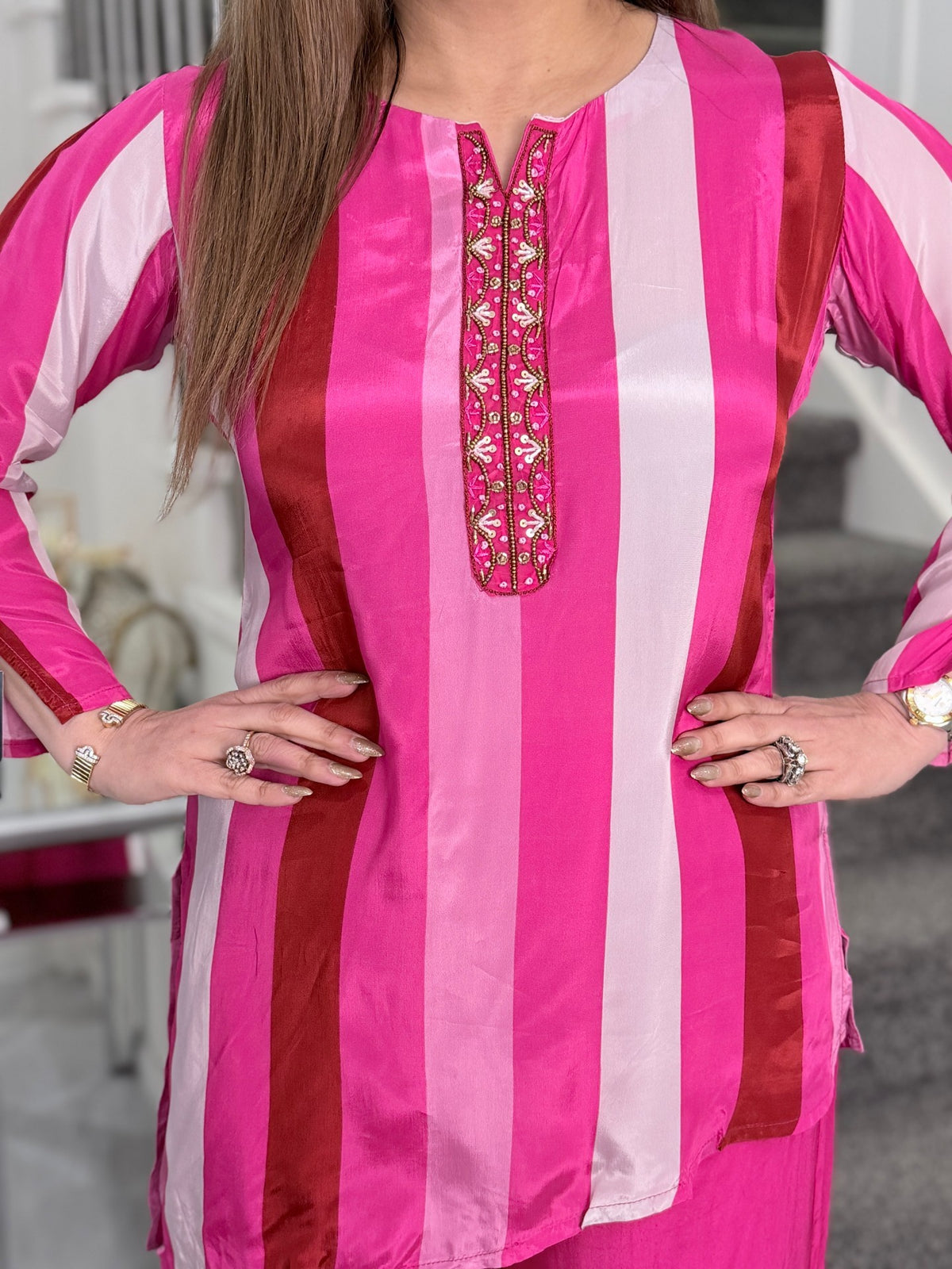 Pink Red Striped Embroidered Placket Co-ord Set by Panache by Divya - product image 3