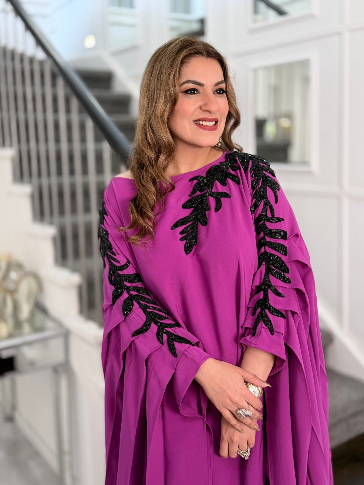Indo-Western Wear - Magenta Black Beaded Leaf Embroidered Kaftan by Panache by Divya - product image 1