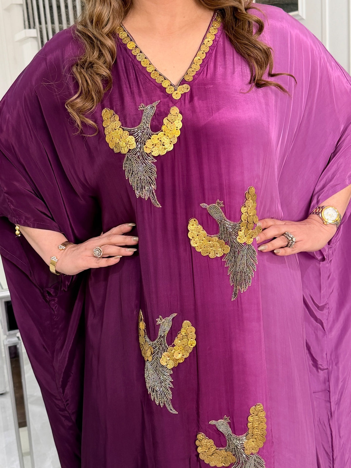 Plum Bird Motif Coin Sequin Kaftan Co-ord Set by Panache by Divya - product image 4