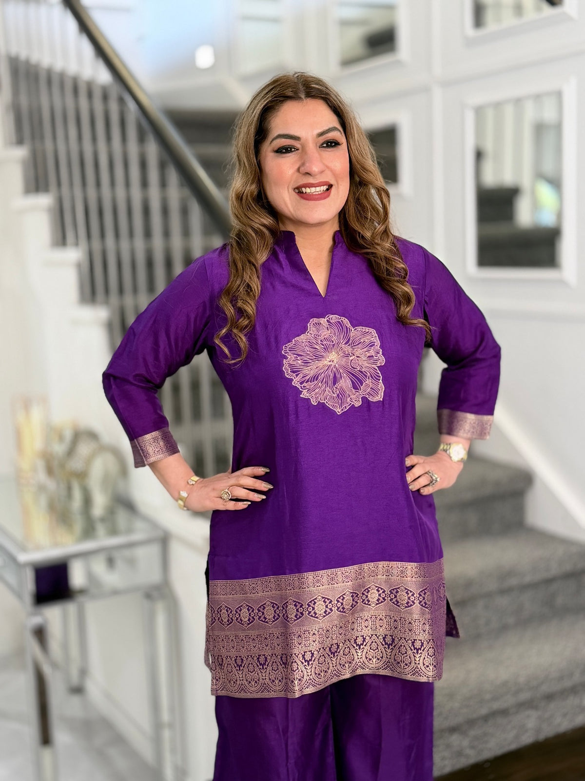 Purple Floral Embroidered Banarasi Border Kurta Co-ord Set by Panache by Divya - product image 3