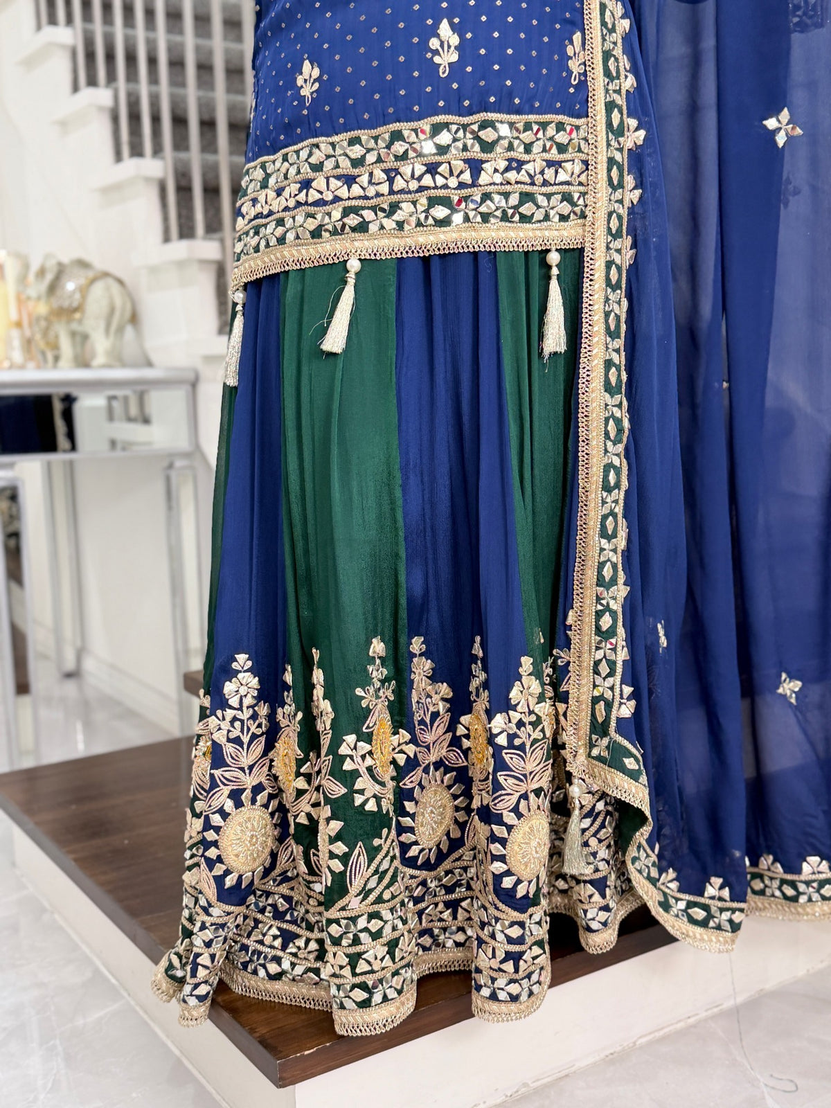 Salwar Kameez - Navy Blue Green Gota Patti Kurta Sharara Suit with Dupatta by Panache by Divya - product image 5