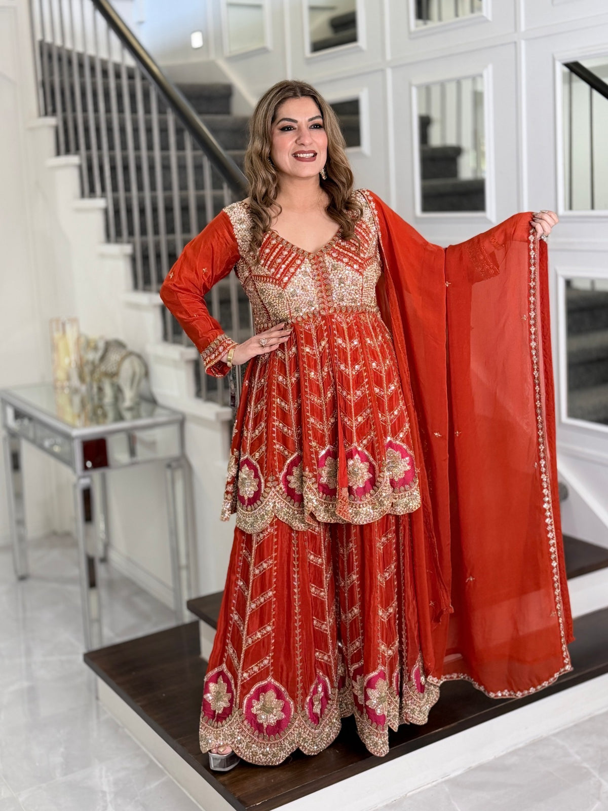 Salwar Kameez - Rust Orange Embellished Peplum Kurta Sharara Set with Dupatta by Panache by Divya - product image 1