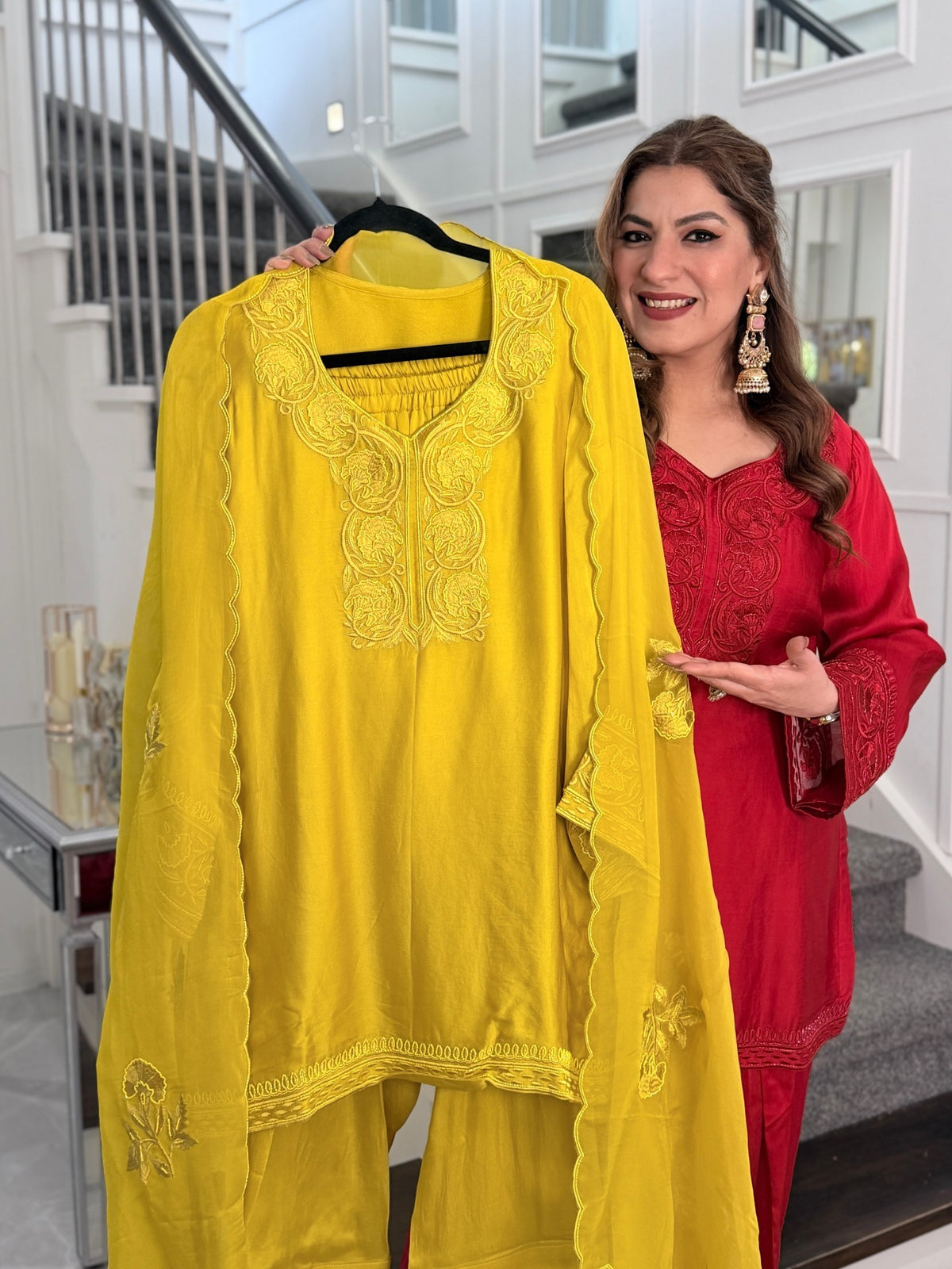 Salwar Kameez - Mustard Yellow Silk Tonal Embroidered Salwar Suit with Organza Dupatta by Panache by Divya - product image 3