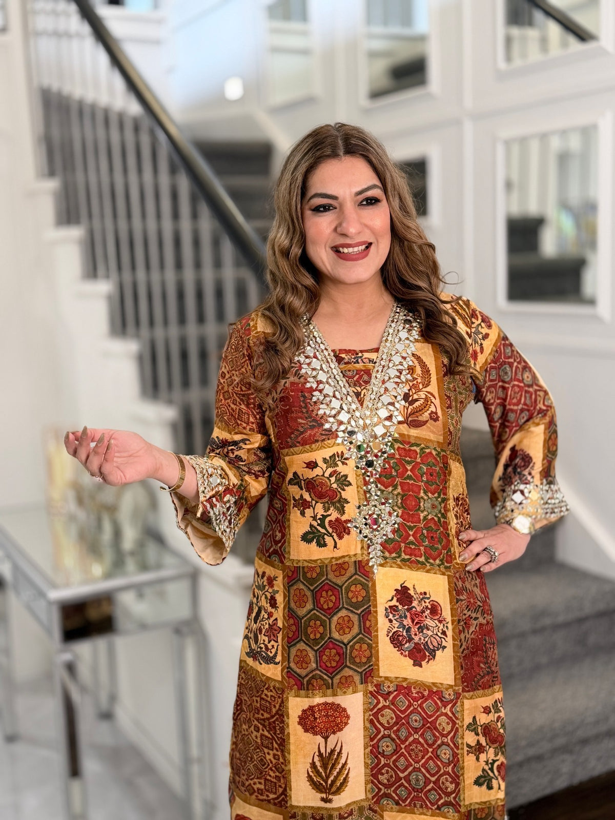 Rust Patchwork Print Mirror Work Kaftan Co-ord Set with Potli by Panache by Divya - product image 3