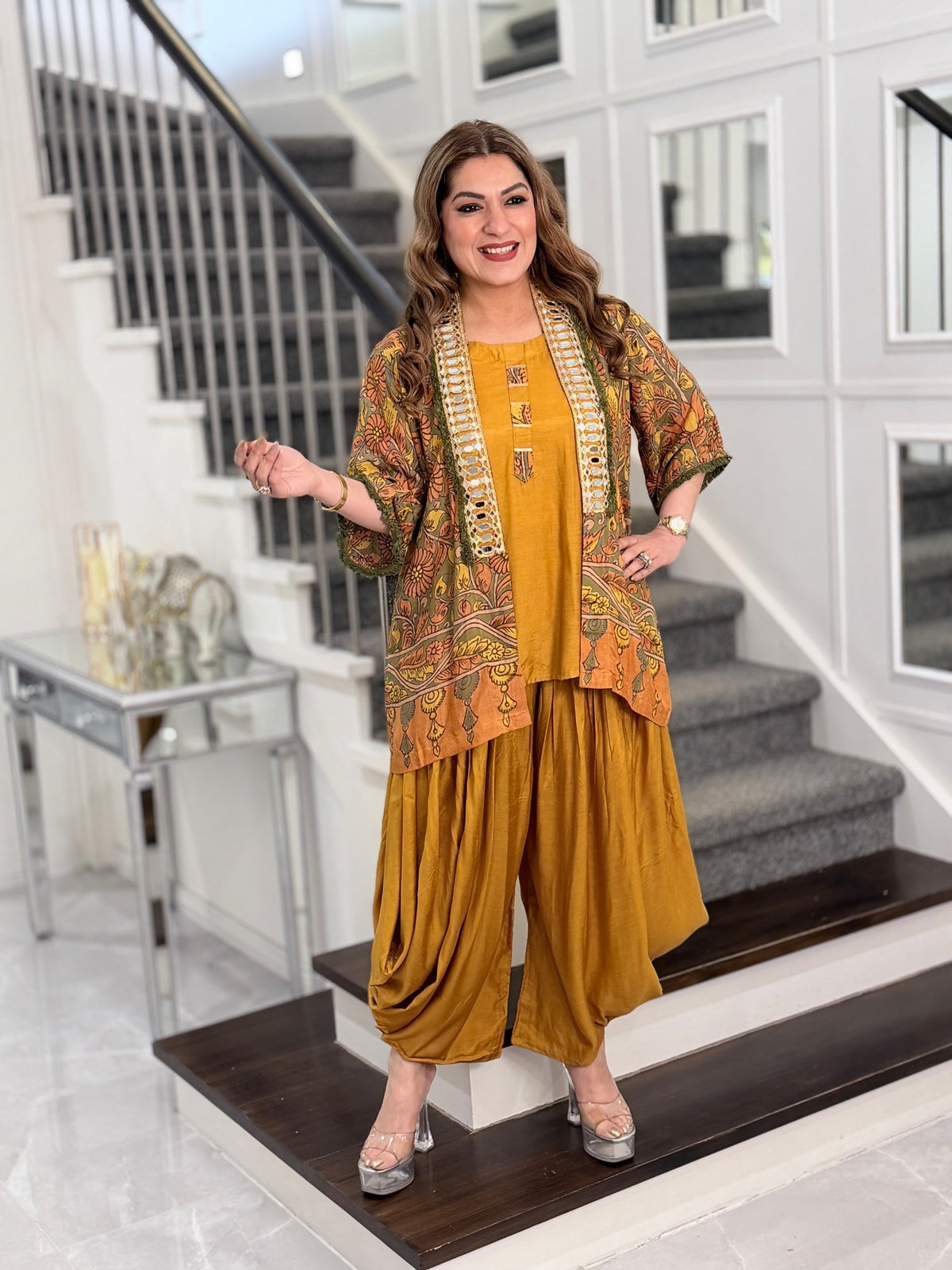 Mustard Kalamkari Mirror Work Jacket Dhoti Co-ord Set by Panache by Divya - product image 4
