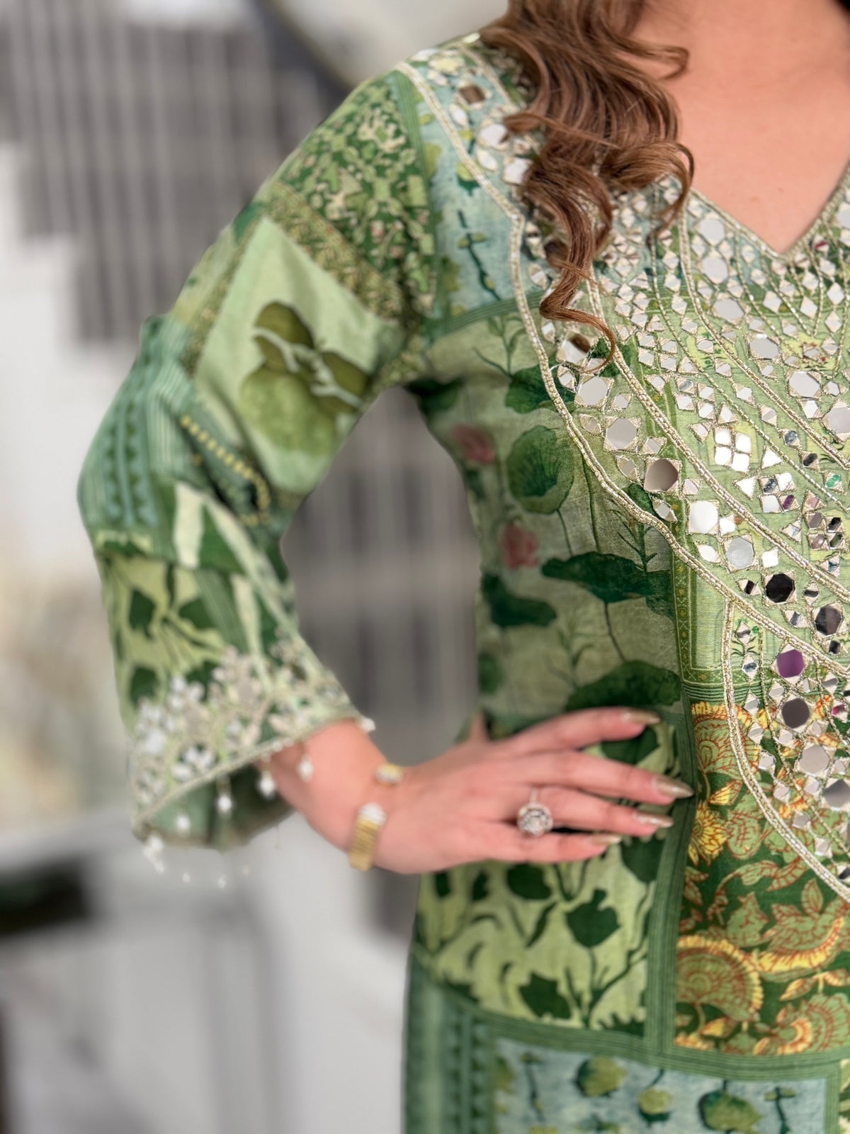 Green Patchwork Print Mirror Work Kaftan Co-ord Set with Potli by Panache by Divya - product image 6