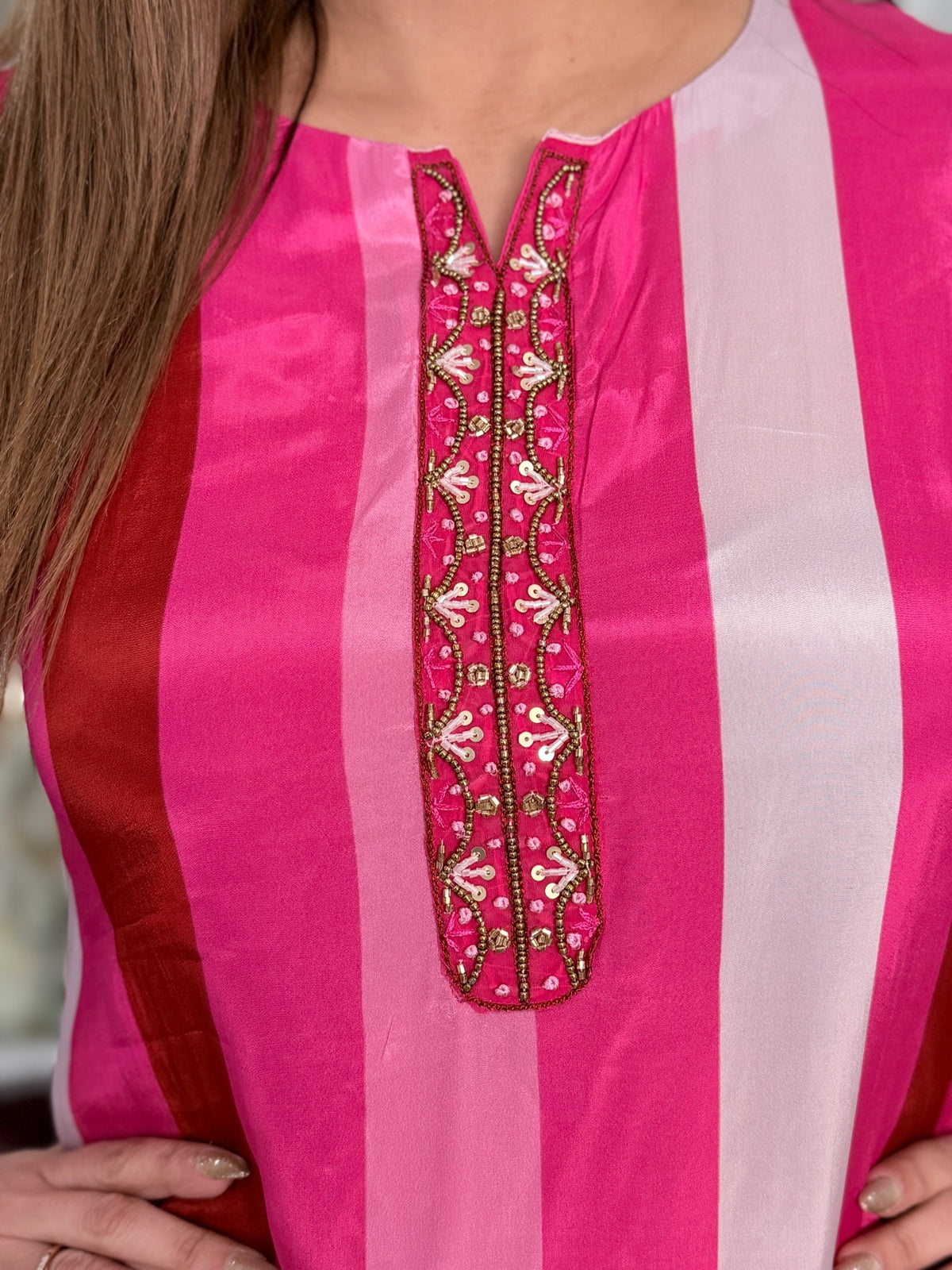 Pink Red Striped Embroidered Placket Co-ord Set by Panache by Divya - product image 4