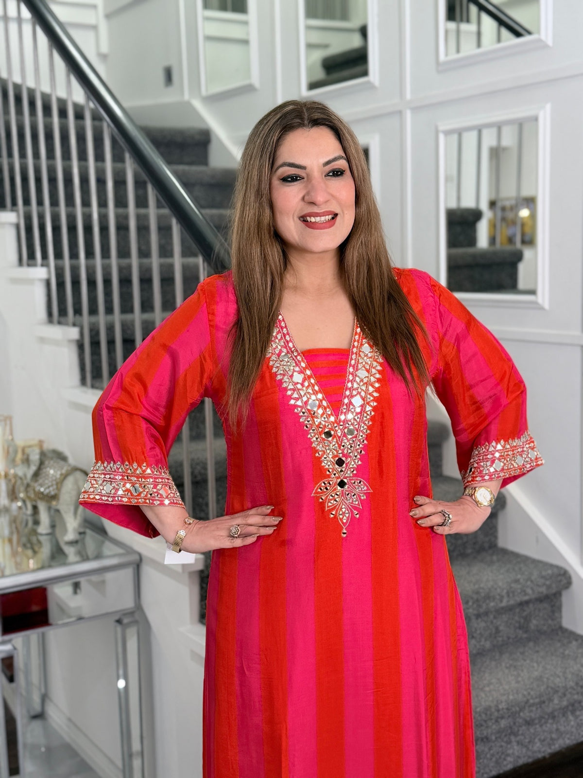Pink Orange Striped Mirror Work Kurta Co-ord Set with Potli by Panache by Divya - product image 3