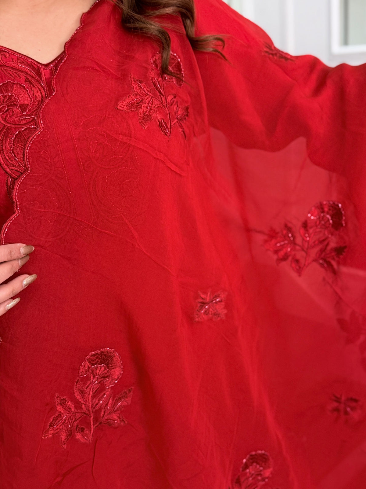 Salwar Kameez - Red Silk Tonal Embroidered Salwar Suit with Organza Dupatta by Panache by Divya - product image 3