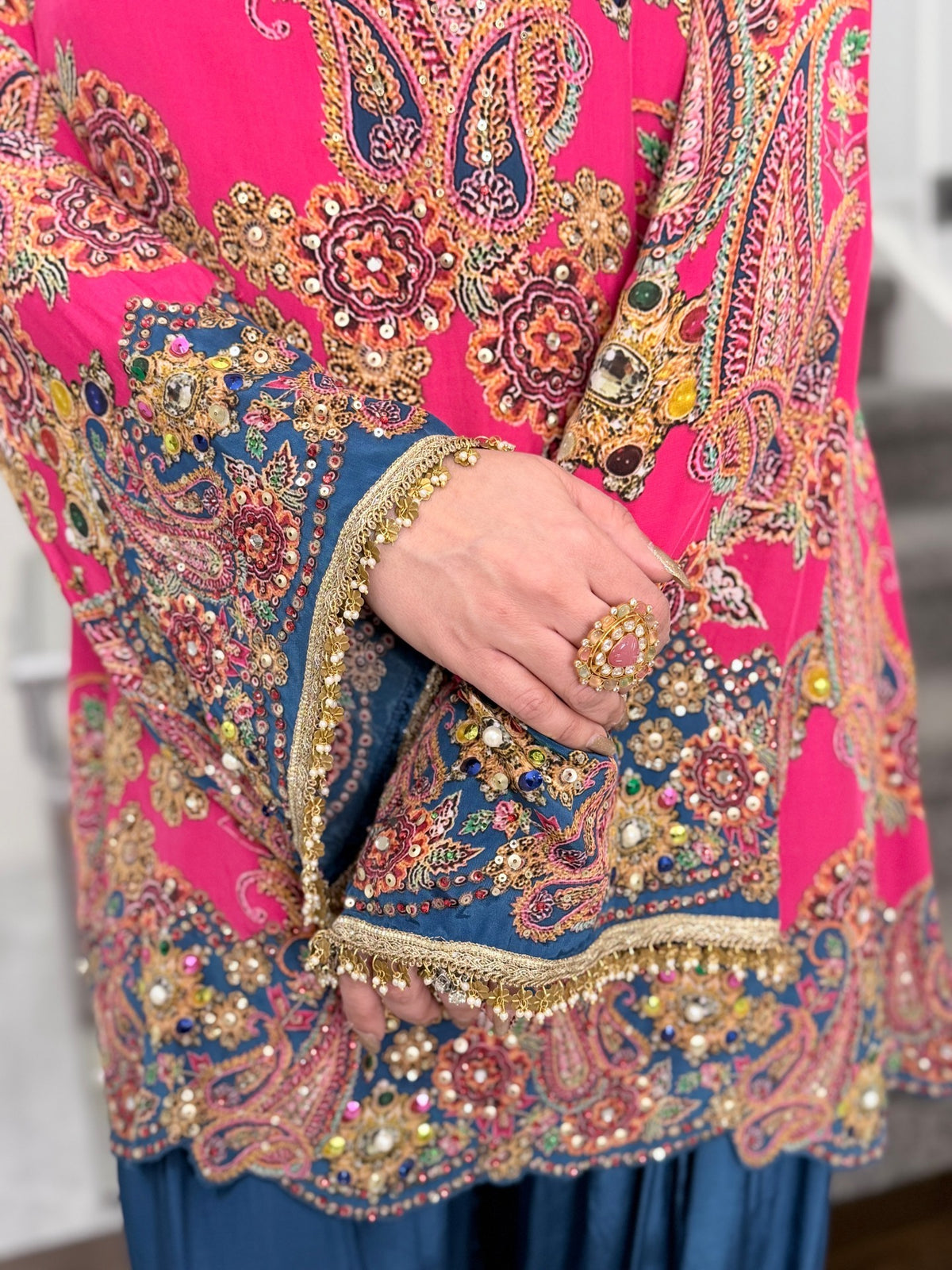 Salwar Kameez - Pink Paisley Embellished Kurti Salwar Set with Teal Dupatta by Panache by Divya - product image 6