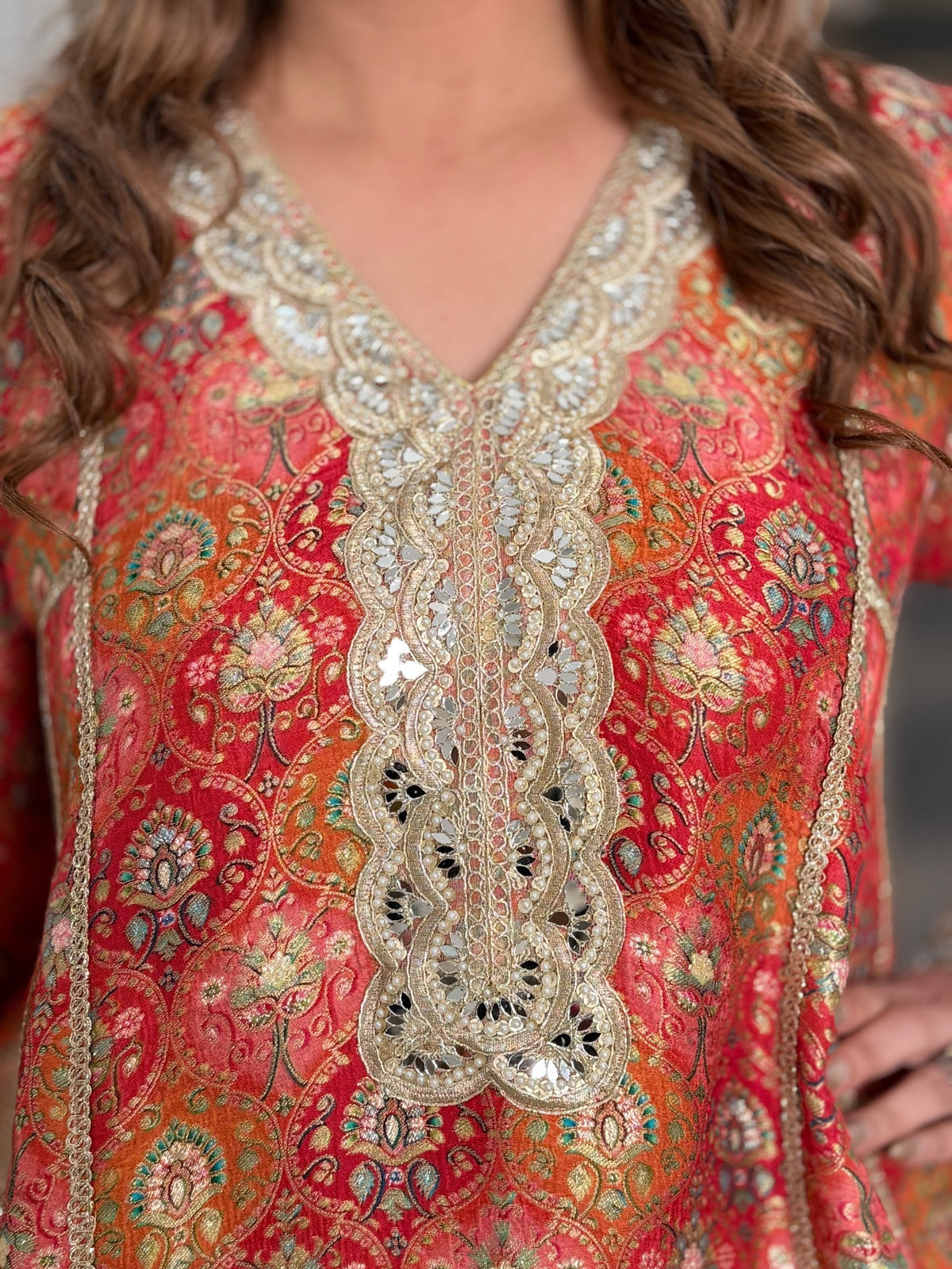 Salwar Kameez - Red Orange Paisley Print Oversized Kurta with Gold Crushed Salwar by Panache by Divya - product image 6