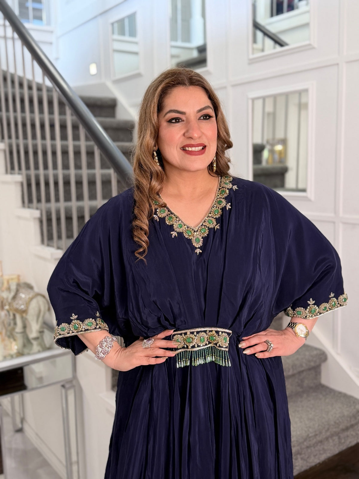 Indo-Western Wear - Navy Blue Silk Kaftan with Emerald Stone Embroidered Neckline and… by Panache by Divya - product image 3