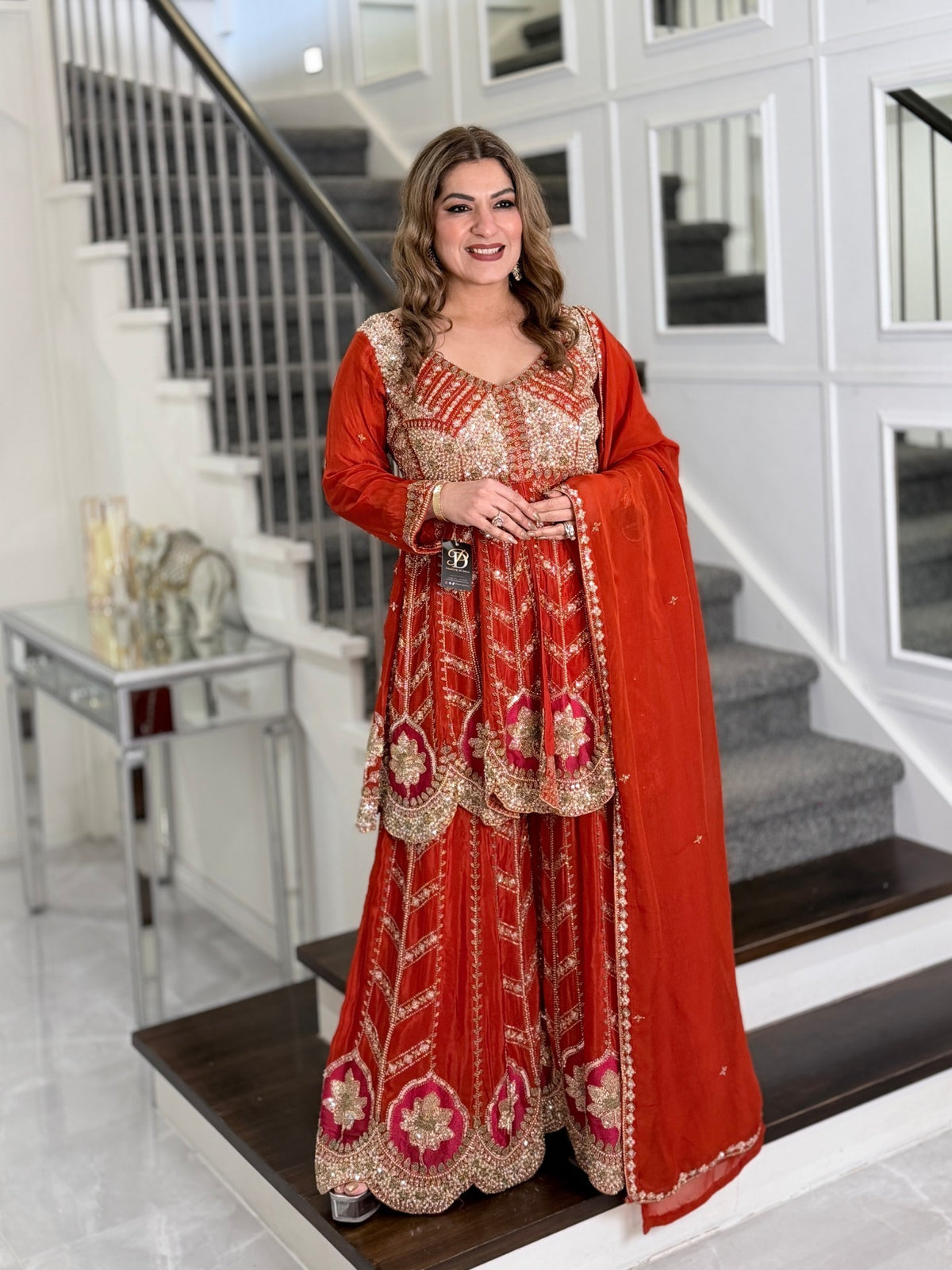 Salwar Kameez - Rust Orange Embellished Peplum Kurta Sharara Set with Dupatta by Panache by Divya - product image 2