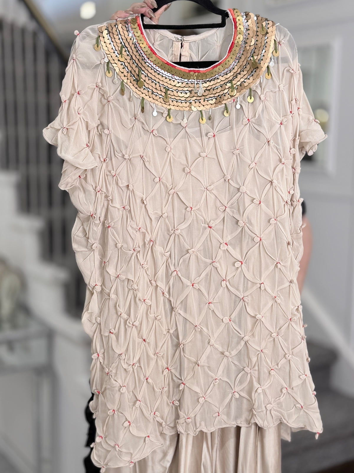 Indo-Western Wear - Beige Smocked Sheer Top with Gold Sequin Collar and Draped Dhoti… by Panache by Divya - product image 5