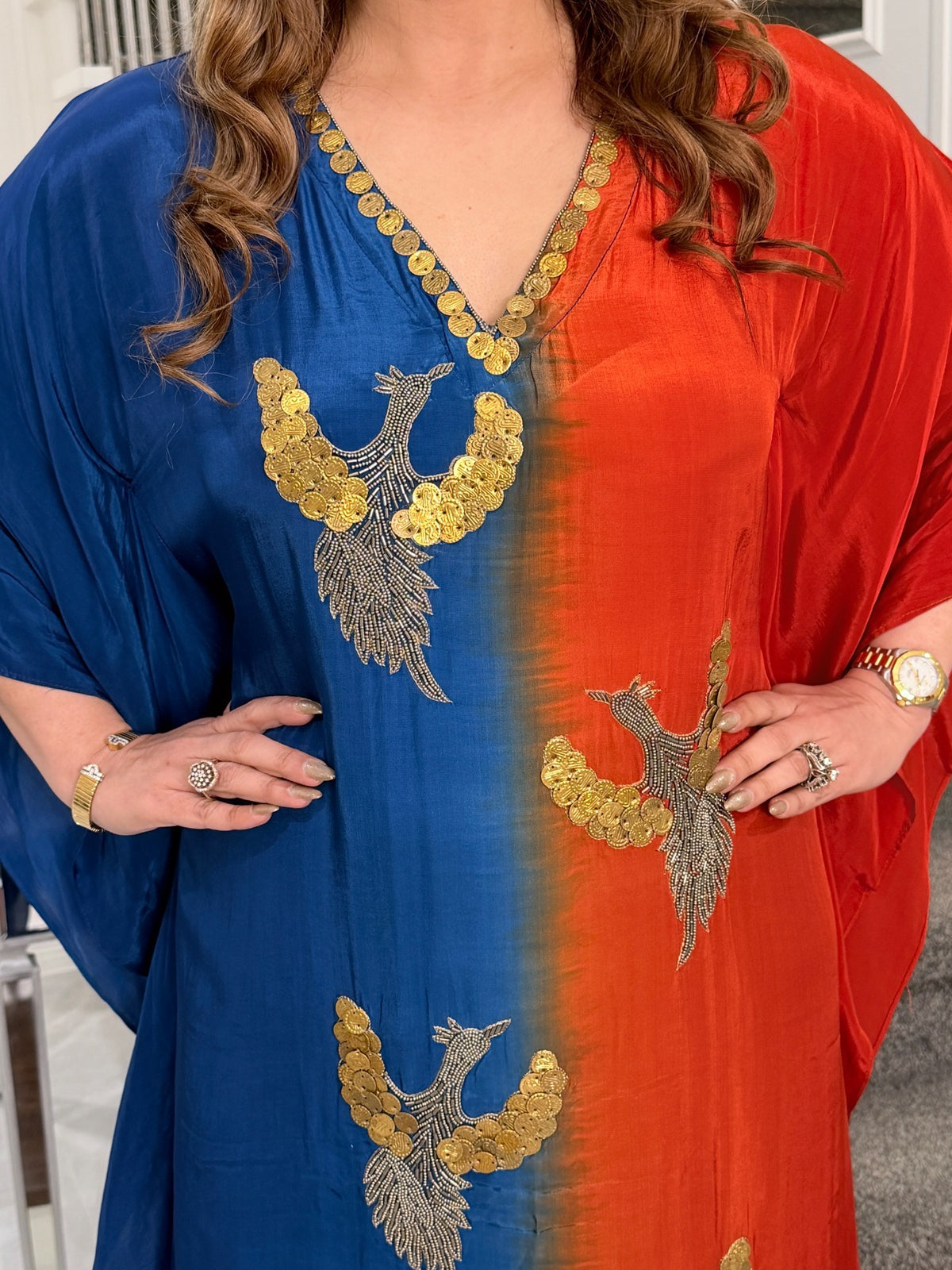 Blue Orange Ombre Bird Motif Coin Sequin Kaftan Co-ord Set by Panache by Divya - product image 4