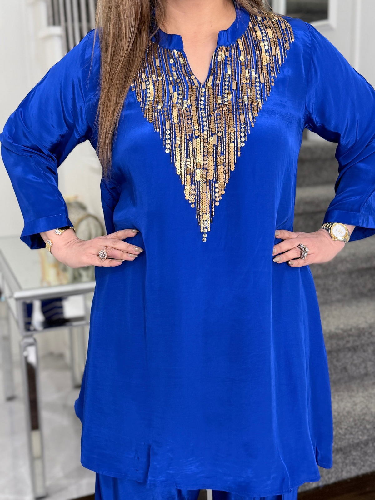 Royal Blue Gold Sequin Fringe Yoke Co-ord Set by Panache by Divya - product image 3