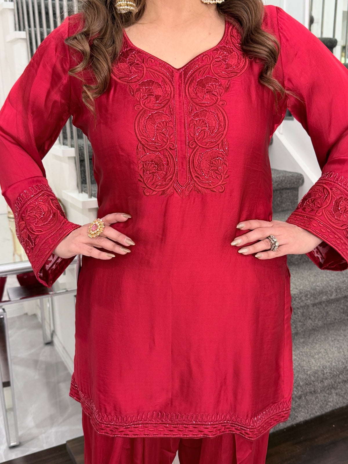 Salwar Kameez - Red Silk Tonal Embroidered Salwar Suit with Organza Dupatta by Panache by Divya - product image 6