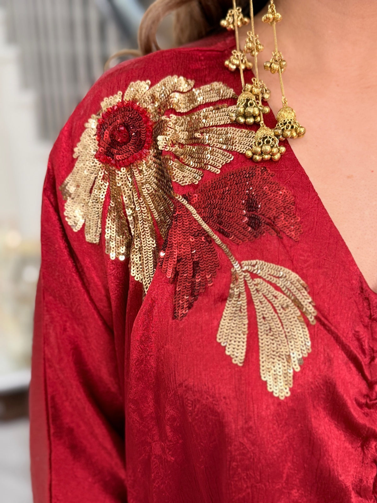 Indo-Western Wear - Maroon Red Satin Ruched Kaftan with Gold Sequin Floral Motifs by Panache by Divya - product image 5