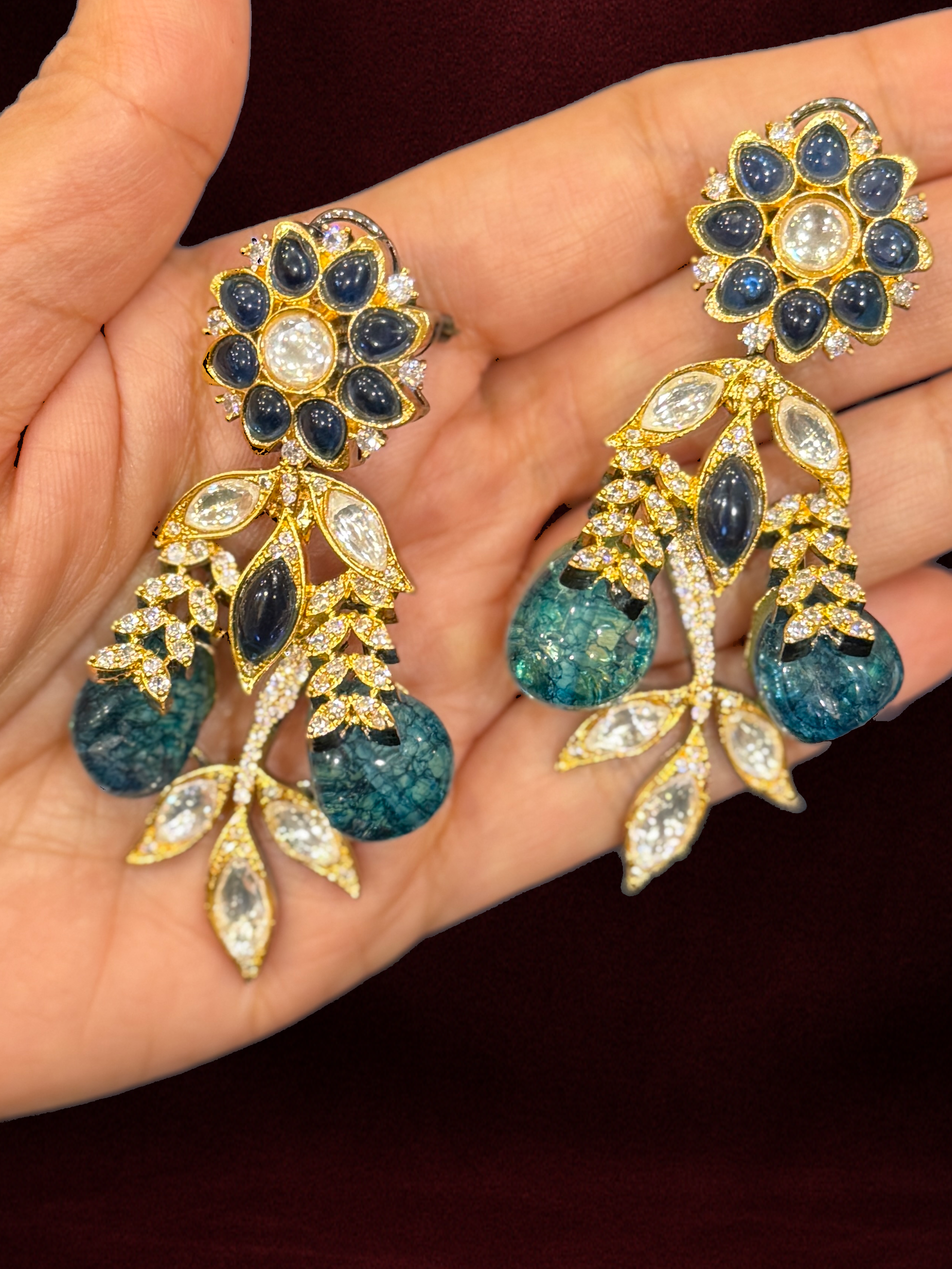 Elegant Blue Gold Dangle Earrings - Earrings - Western/ Indo Western