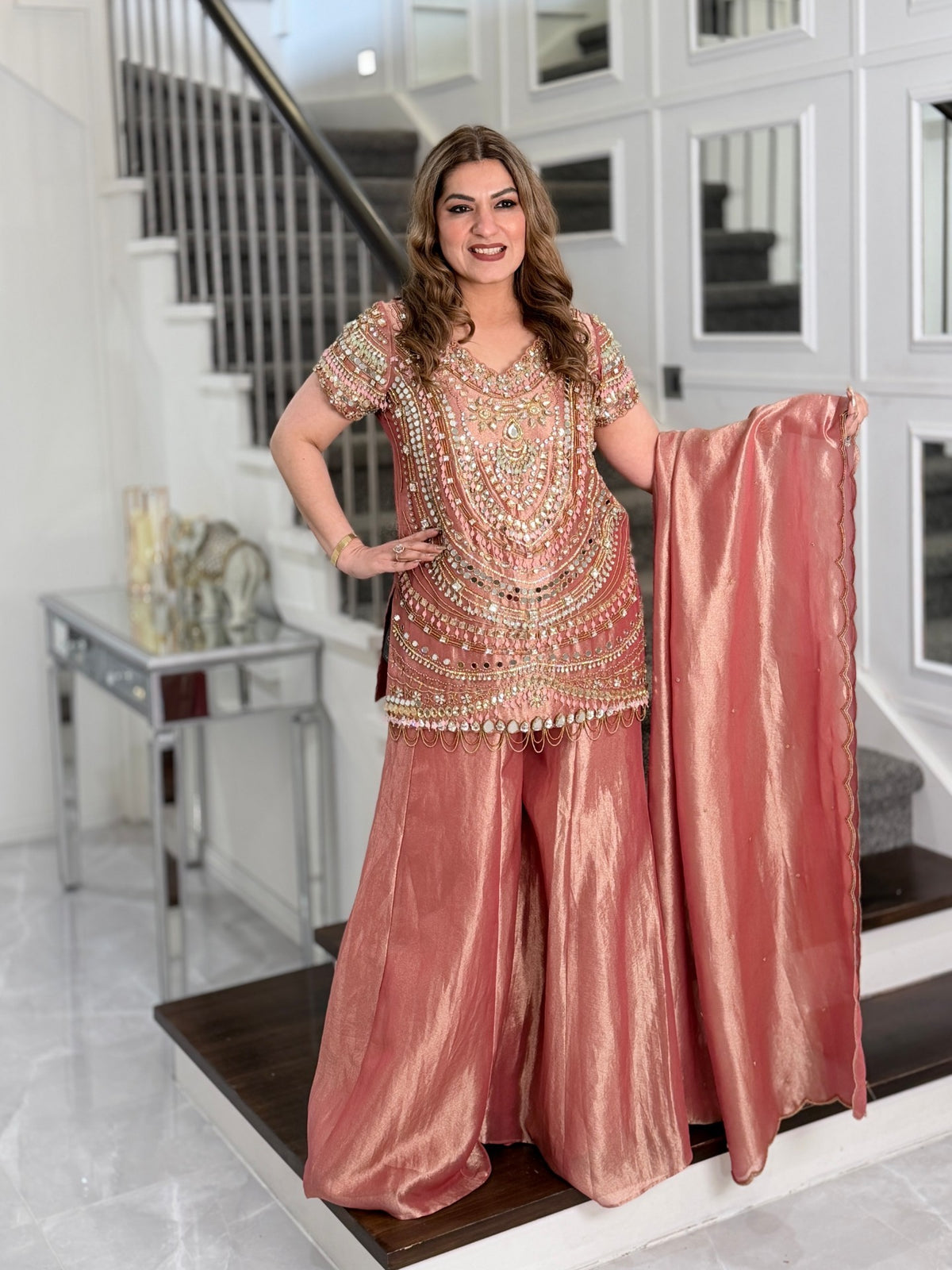 Salwar Kameez - Rose Gold Mirror Work Embellished Kurta Sharara Set with Dupatta by Panache by Divya - product image 1
