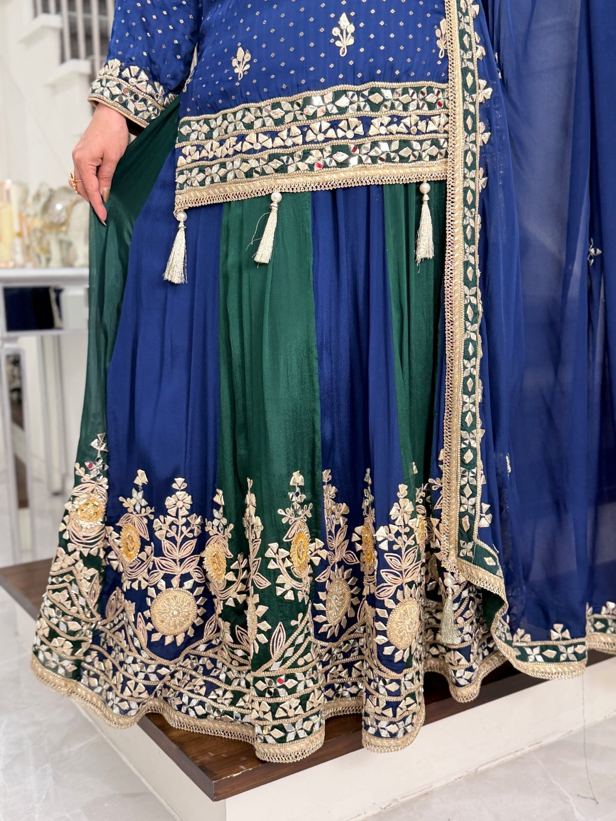Salwar Kameez - Navy Blue Green Gota Patti Kurta Sharara Suit with Dupatta by Panache by Divya - product image 4