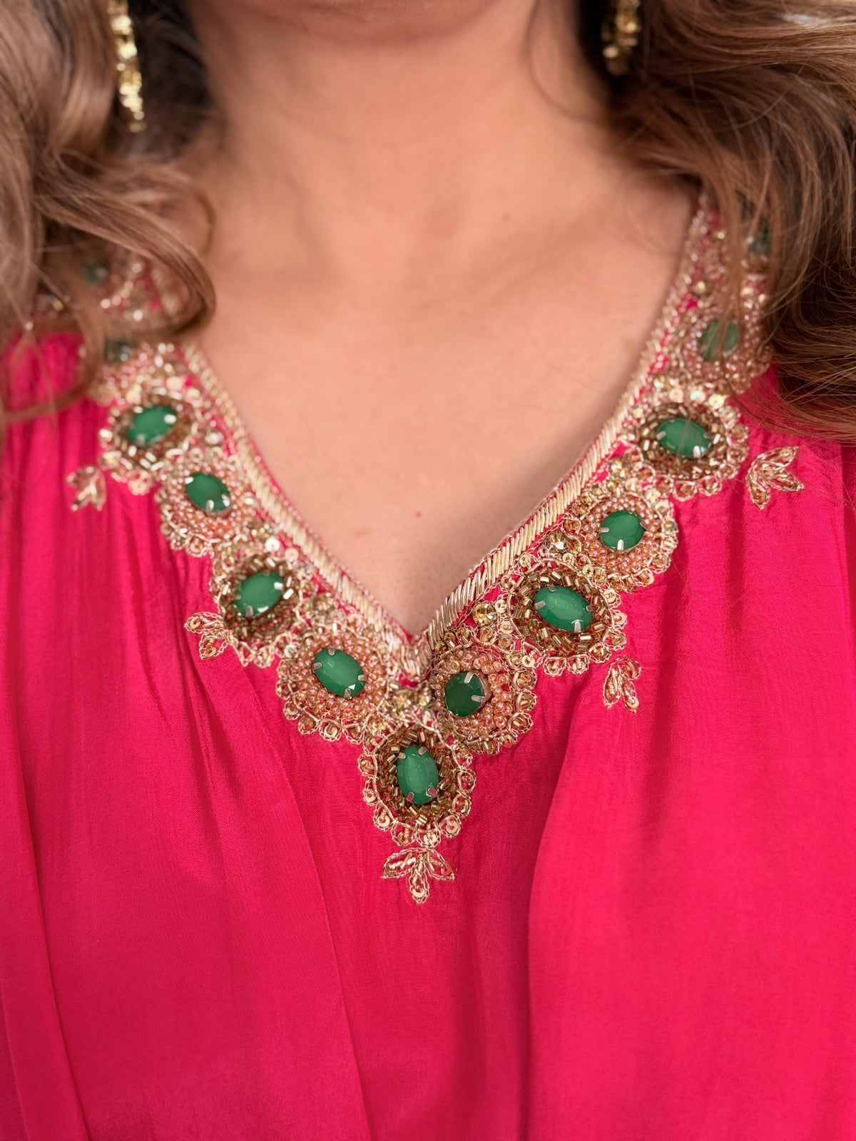 Indo-Western Wear - Hot Pink Silk Kaftan with Emerald Stone Embroidered Neckline and… by Panache by Divya - product image 4