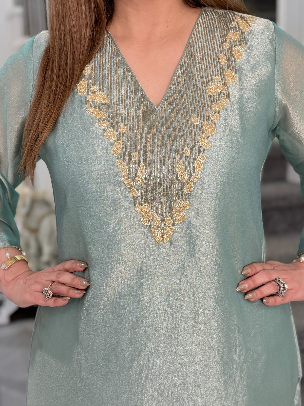 Sage Tissue Beaded V-Neck Kurta Co-ord Set with Potli by Panache by Divya - product image 3