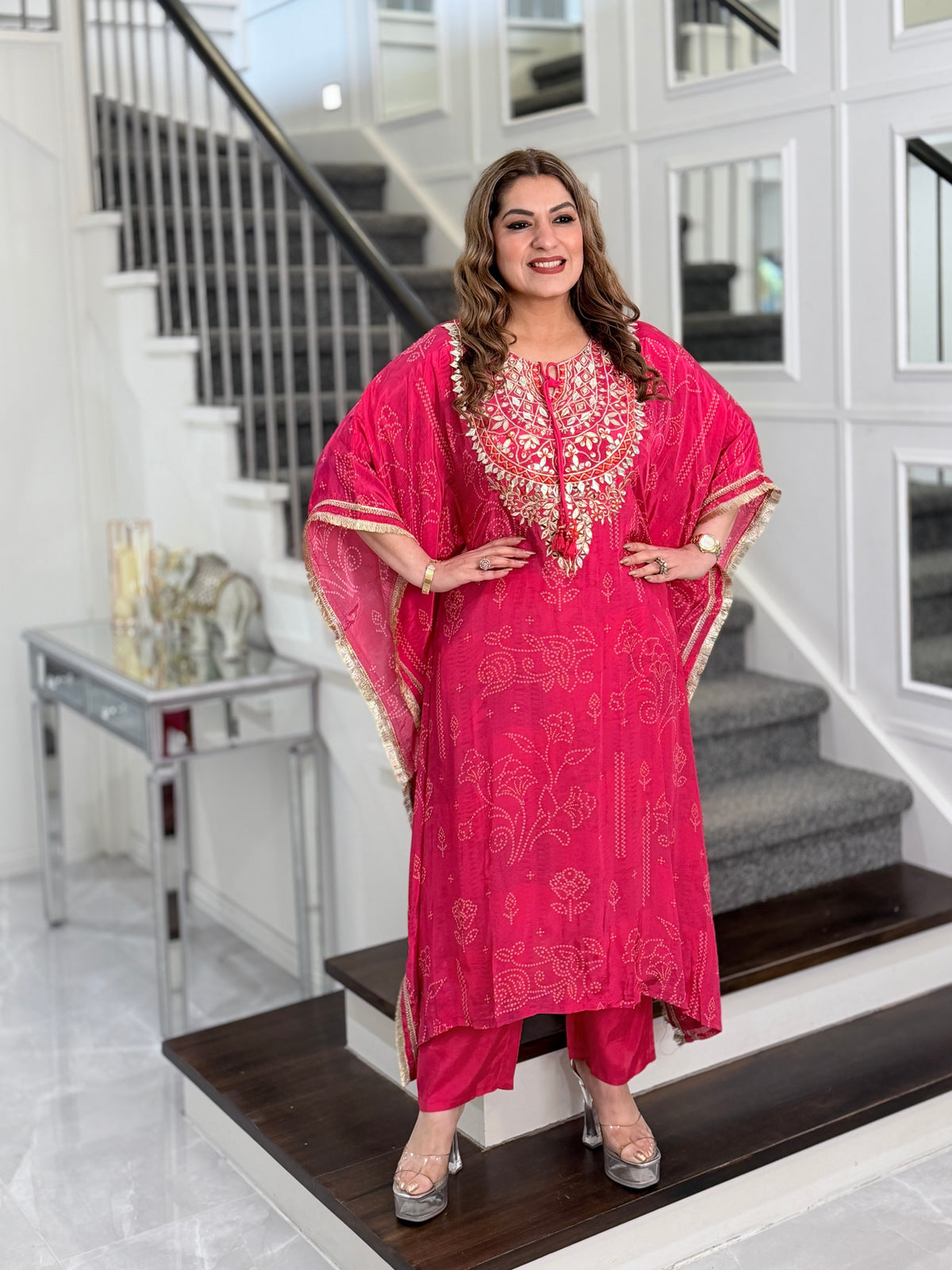 Pink Bandhani Gota Patti Kaftan Co-ord Set