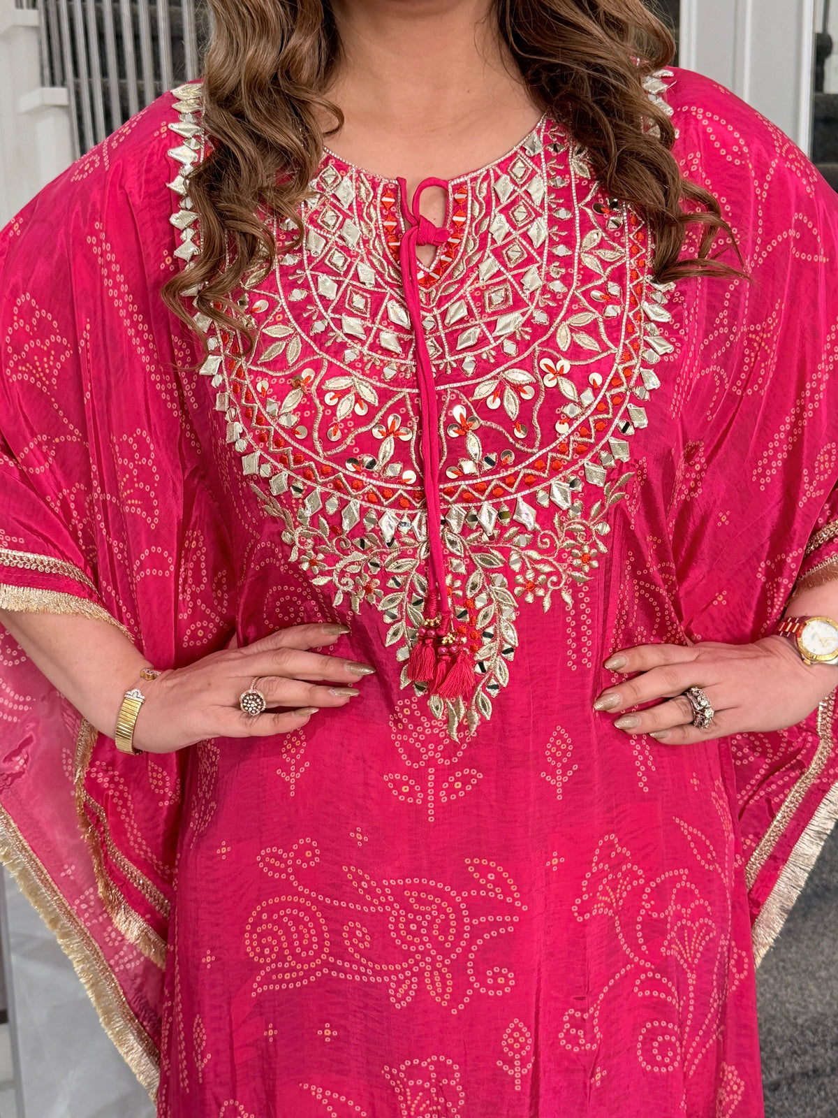 Pink Bandhani Gota Patti Kaftan Co-ord Set