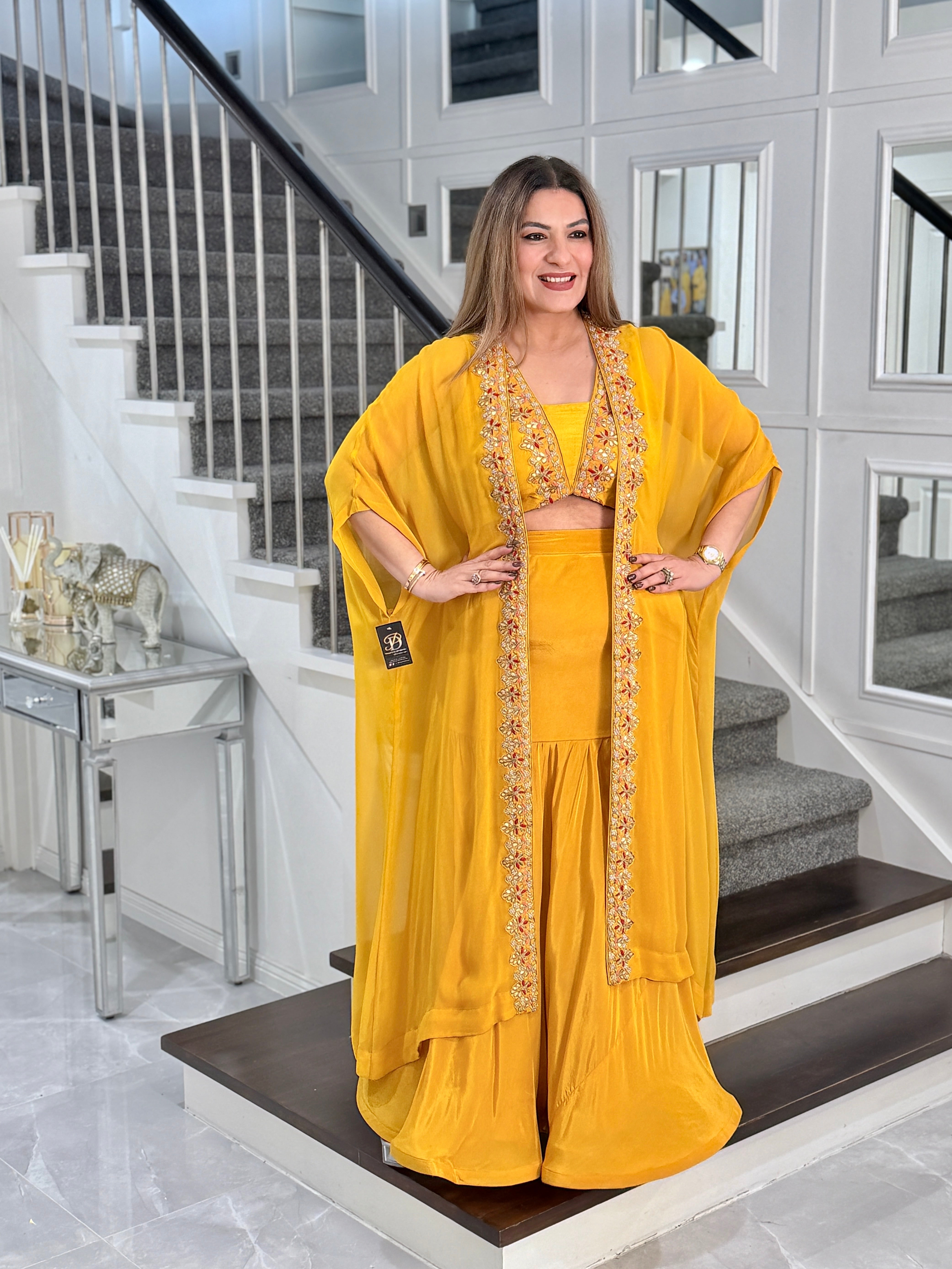 Yellow Embroidered Cape Dress