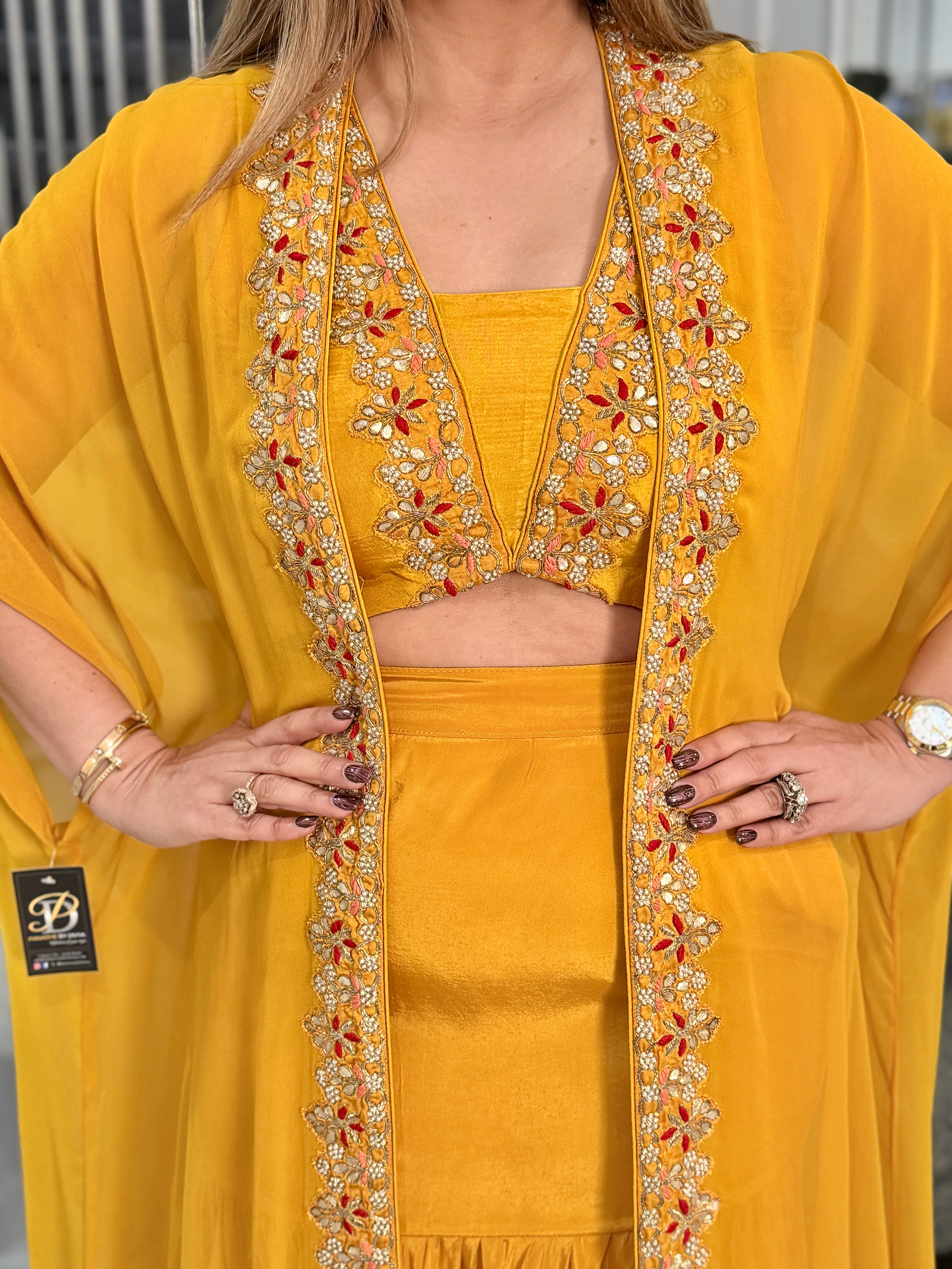 Yellow Embroidered Cape Dress