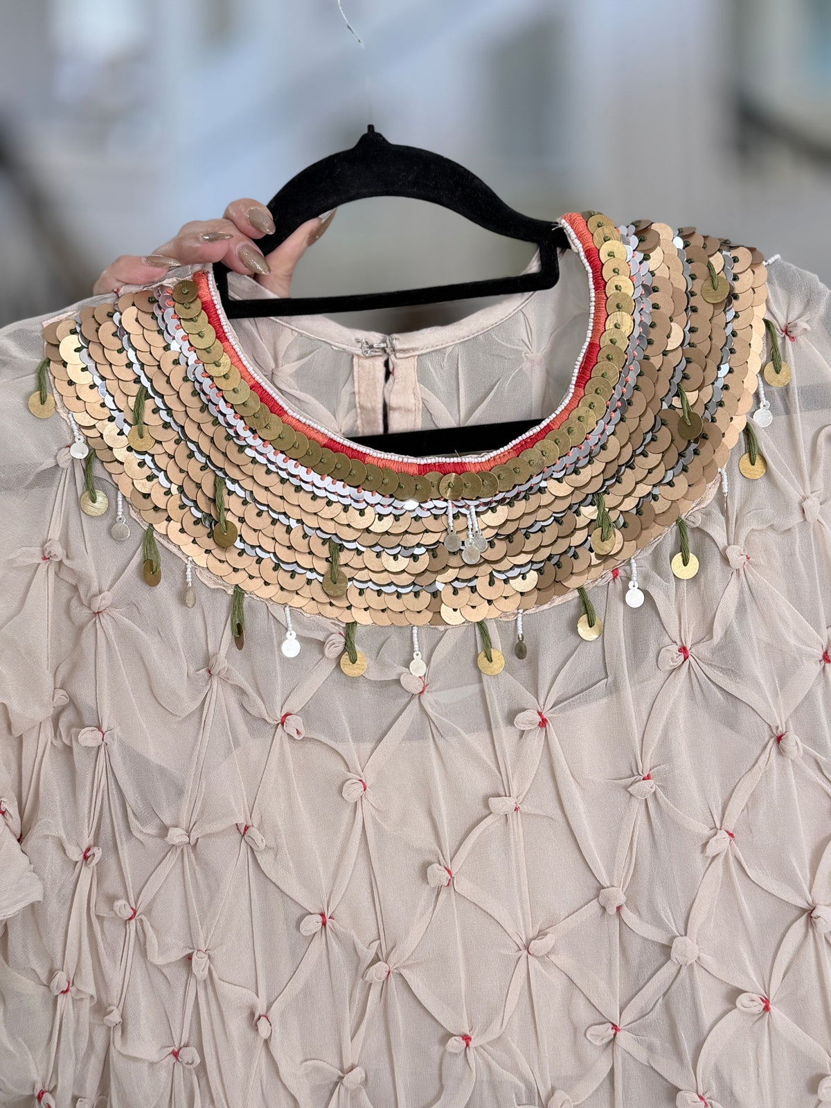 Indo-Western Wear - Beige Smocked Sheer Top with Gold Sequin Collar and Draped Dhoti… by Panache by Divya - product image 6