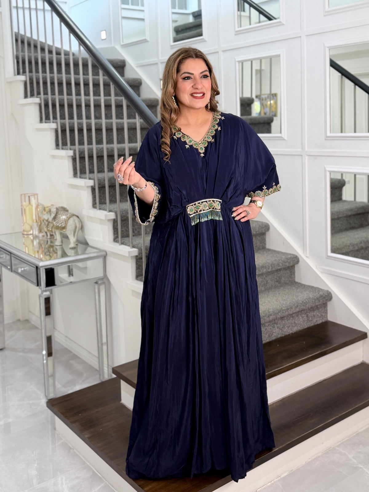 Indo-Western Wear - Navy Blue Silk Kaftan with Emerald Stone Embroidered Neckline and… by Panache by Divya - product image 1