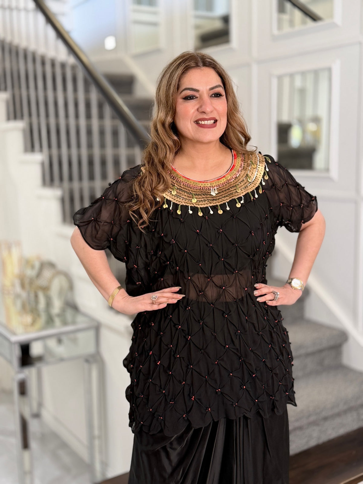 Indo-Western Wear - Black Smocked Sheer Top with Gold Sequin Collar and Draped Dhoti… by Panache by Divya - product image 3