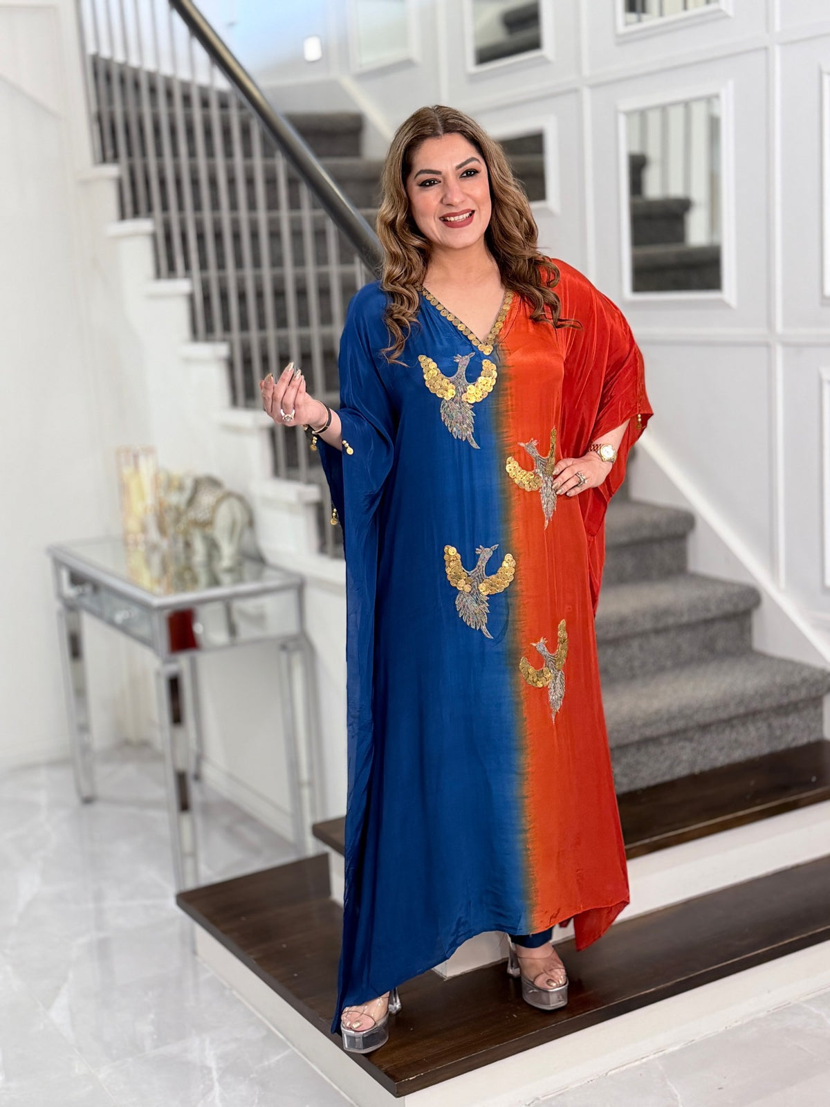 Blue Orange Ombre Bird Motif Coin Sequin Kaftan Co-ord Set by Panache by Divya - product image 1