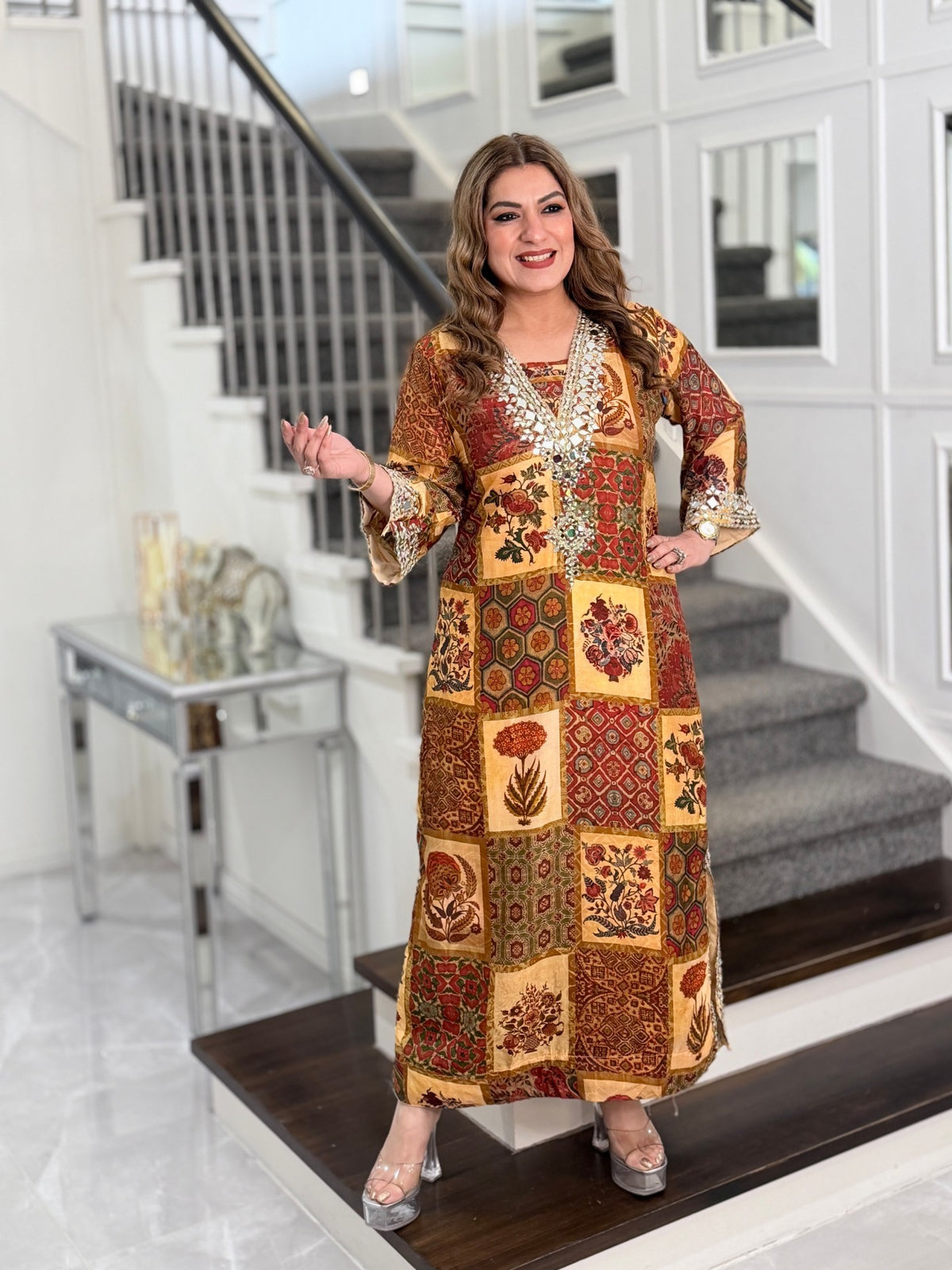 Rust Patchwork Print Mirror Work Kaftan Co-ord Set with Potli by Panache by Divya - product image 1
