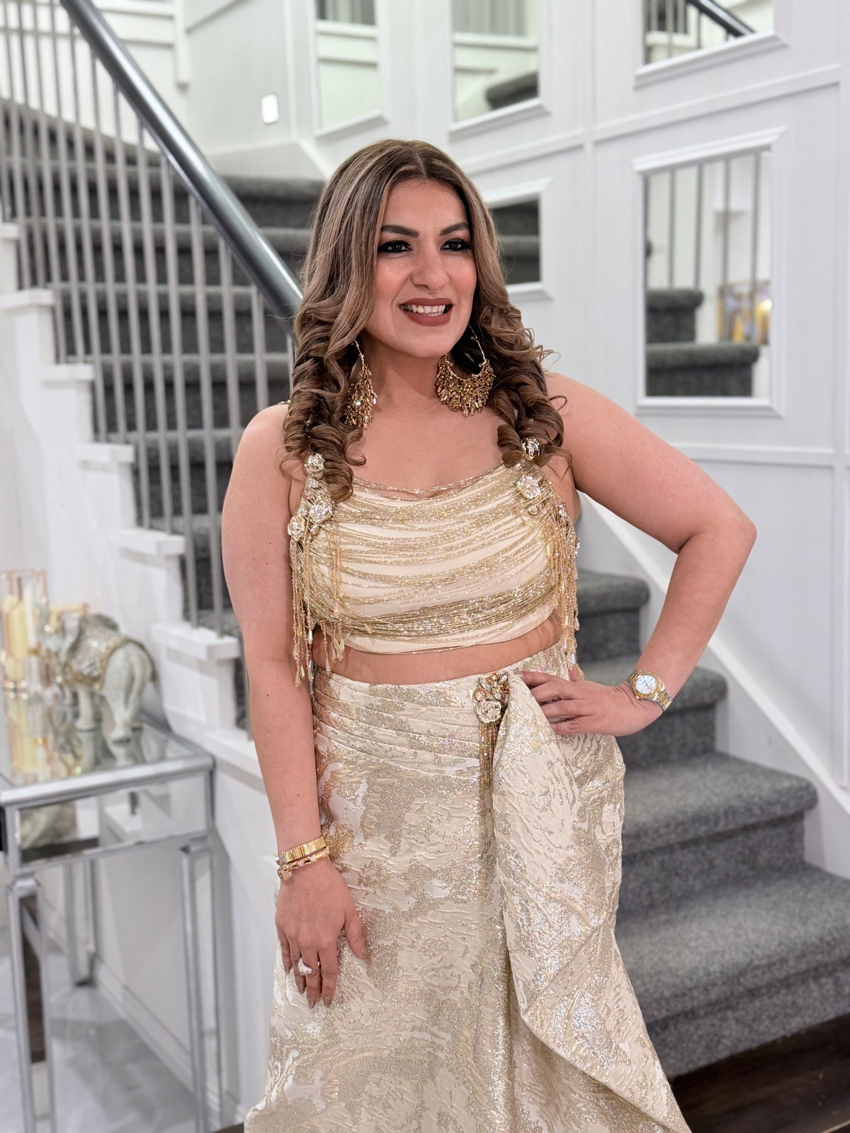 Indo-Western Wear - Ivory Gold Jacquard Beaded Fringe Drape Skirt Indo Western Set by Panache by Divya - product image 2