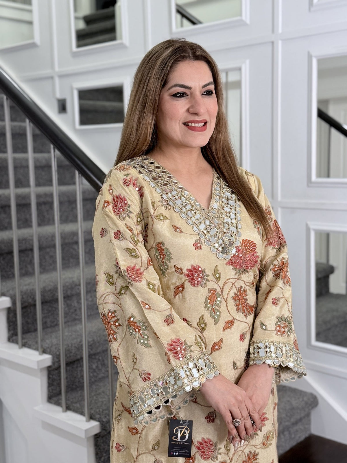 Beige Floral Embroidered Mirror Work Kurta Co-ord Set with Potli by Panache by Divya - product image 6