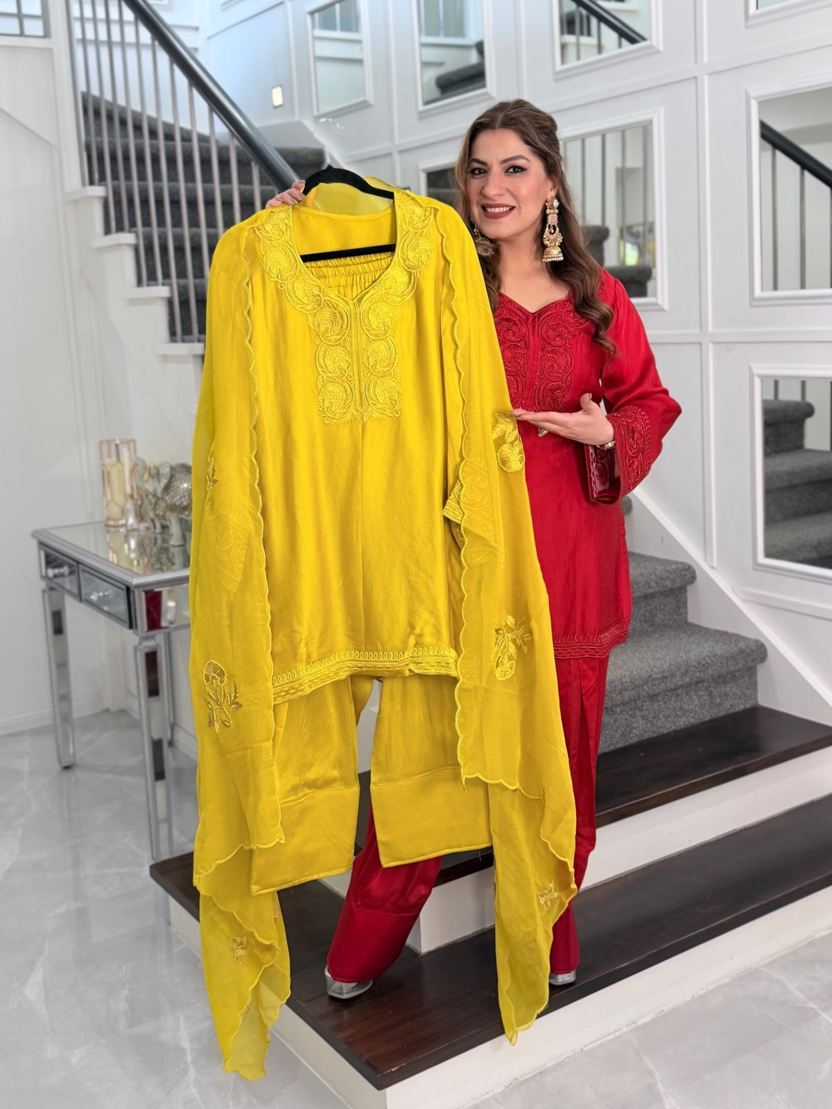 Salwar Kameez - Mustard Yellow Silk Tonal Embroidered Salwar Suit with Organza Dupatta by Panache by Divya - product image 2