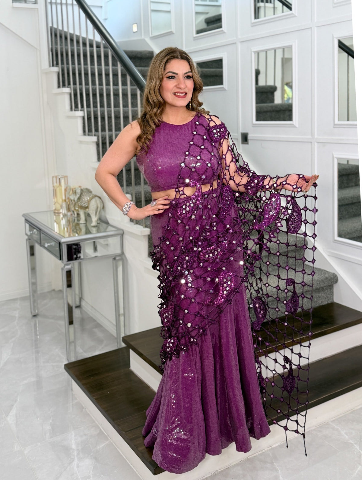 Indo-Western Wear - Plum Sequin Fishtail Skirt Set with Mirror Work Cutwork Dupatta by Panache by Divya - product image 1