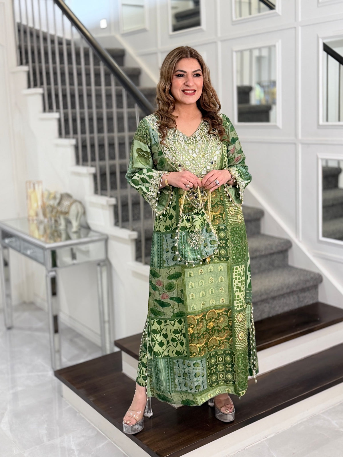 Green Patchwork Print Mirror Work Kaftan Co-ord Set with Potli by Panache by Divya - product image 1