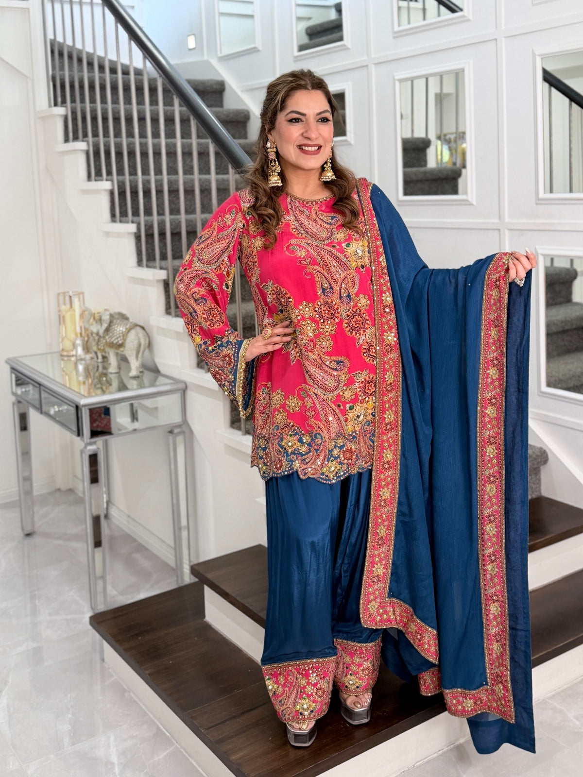 Salwar Kameez - Pink Paisley Embellished Kurti Salwar Set with Teal Dupatta by Panache by Divya - product image 1
