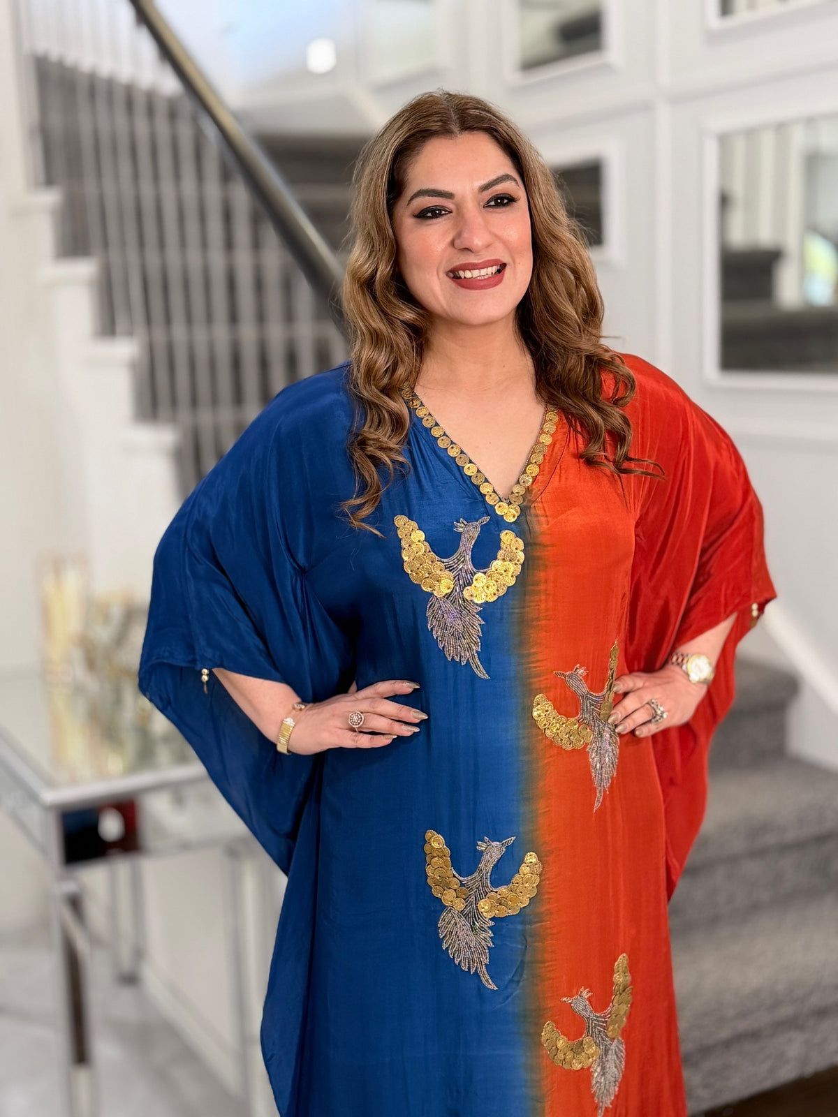 Blue Orange Ombre Bird Motif Coin Sequin Kaftan Co-ord Set by Panache by Divya - product image 3