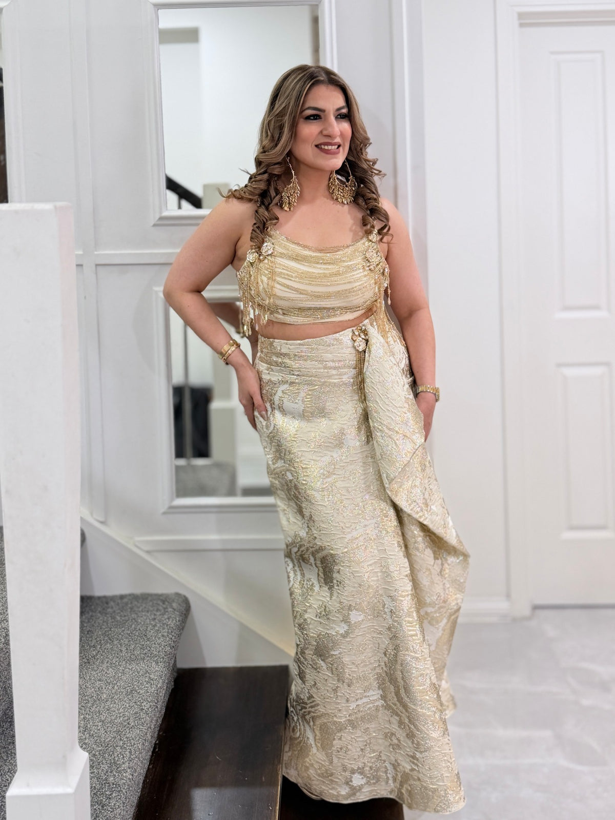 Indo-Western Wear - Ivory Gold Jacquard Beaded Fringe Drape Skirt Indo Western Set by Panache by Divya - product image 7
