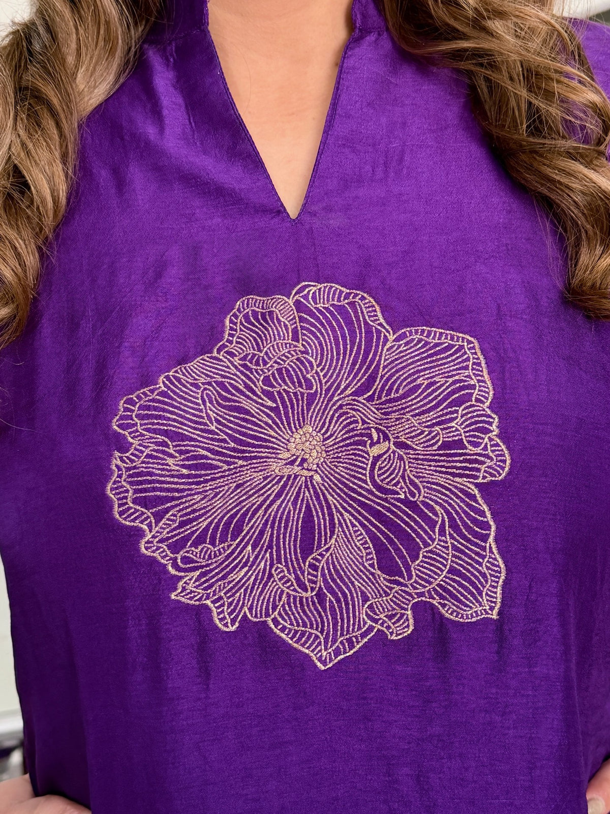 Purple Floral Embroidered Banarasi Border Kurta Co-ord Set by Panache by Divya - product image 5