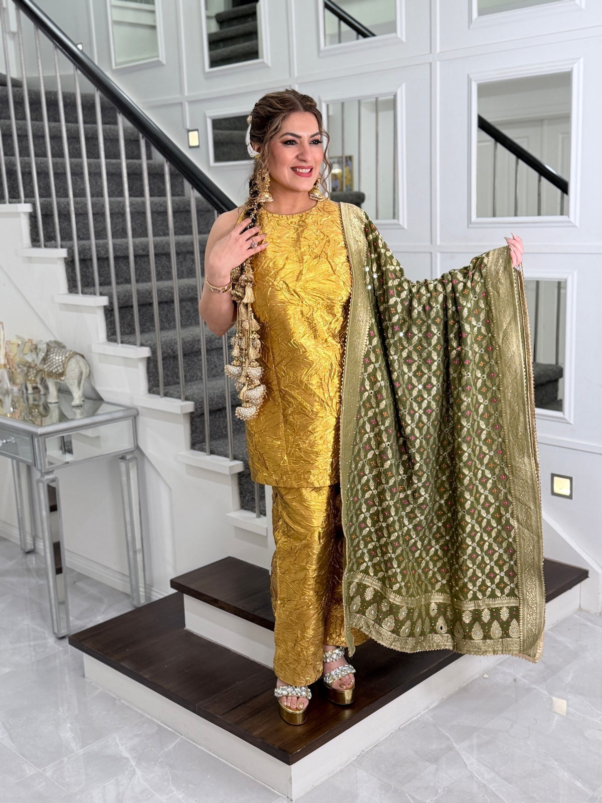 Gold Crushed Metallic Salwar Kameez with Olive Banarasi Dupatta by Panache by Divya - product image 1
