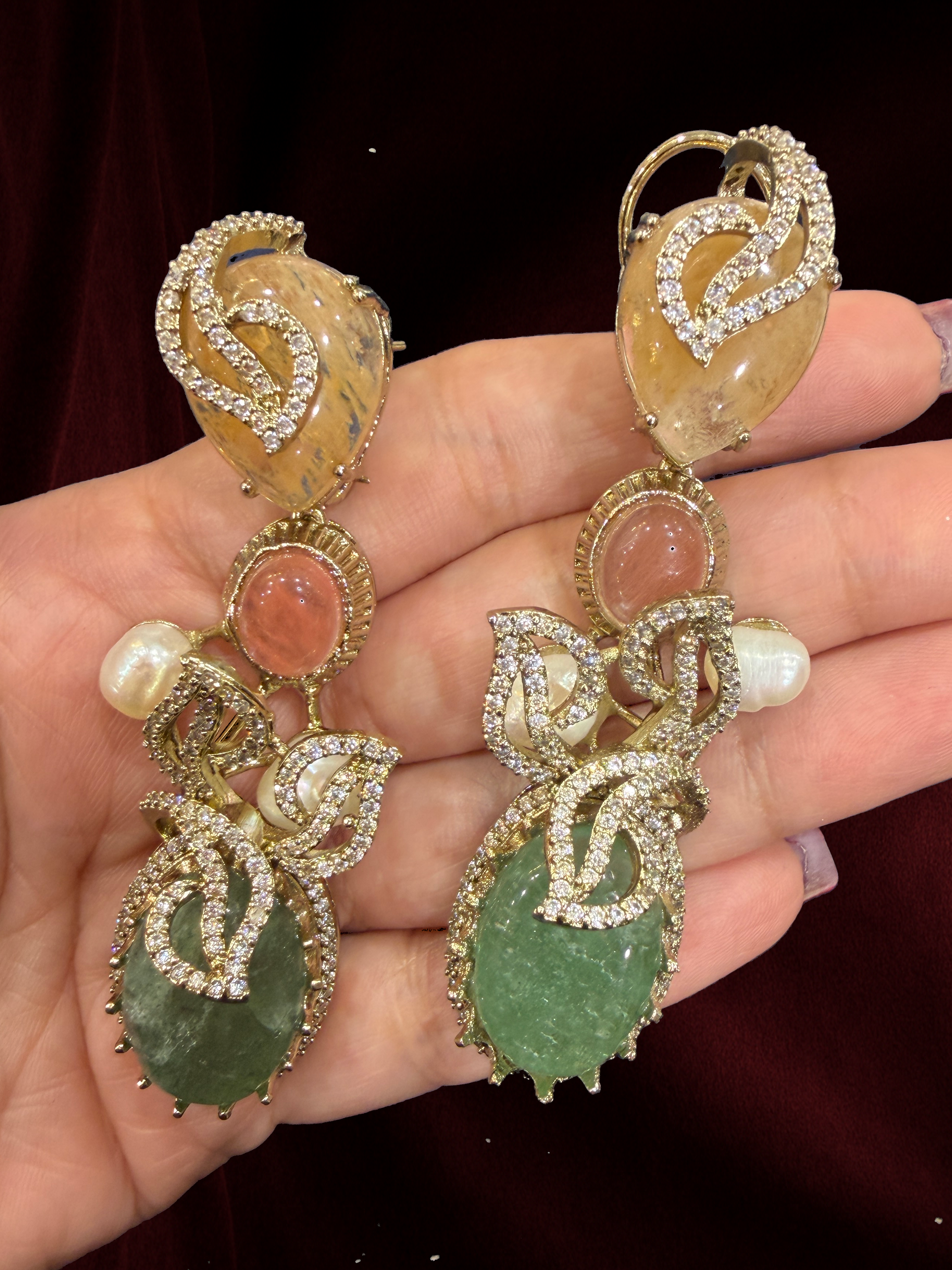 Elegant Green and Pink Gemstone Earrings - Earrings - Western/ Indo Western